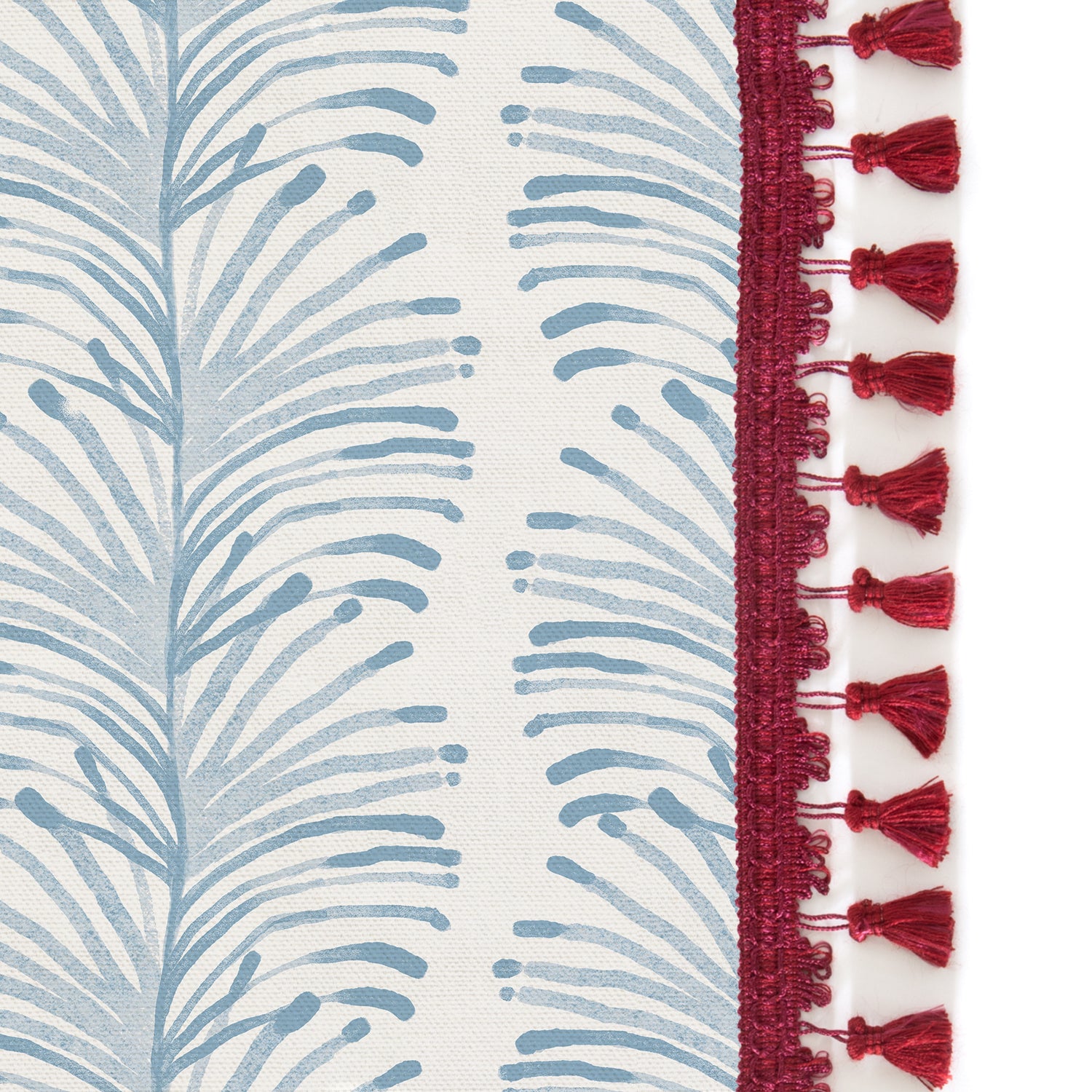 Upclose picture of Emma Sky custom Sky Blue Botanical Stripeshower curtain with sky raspberry tassel trim