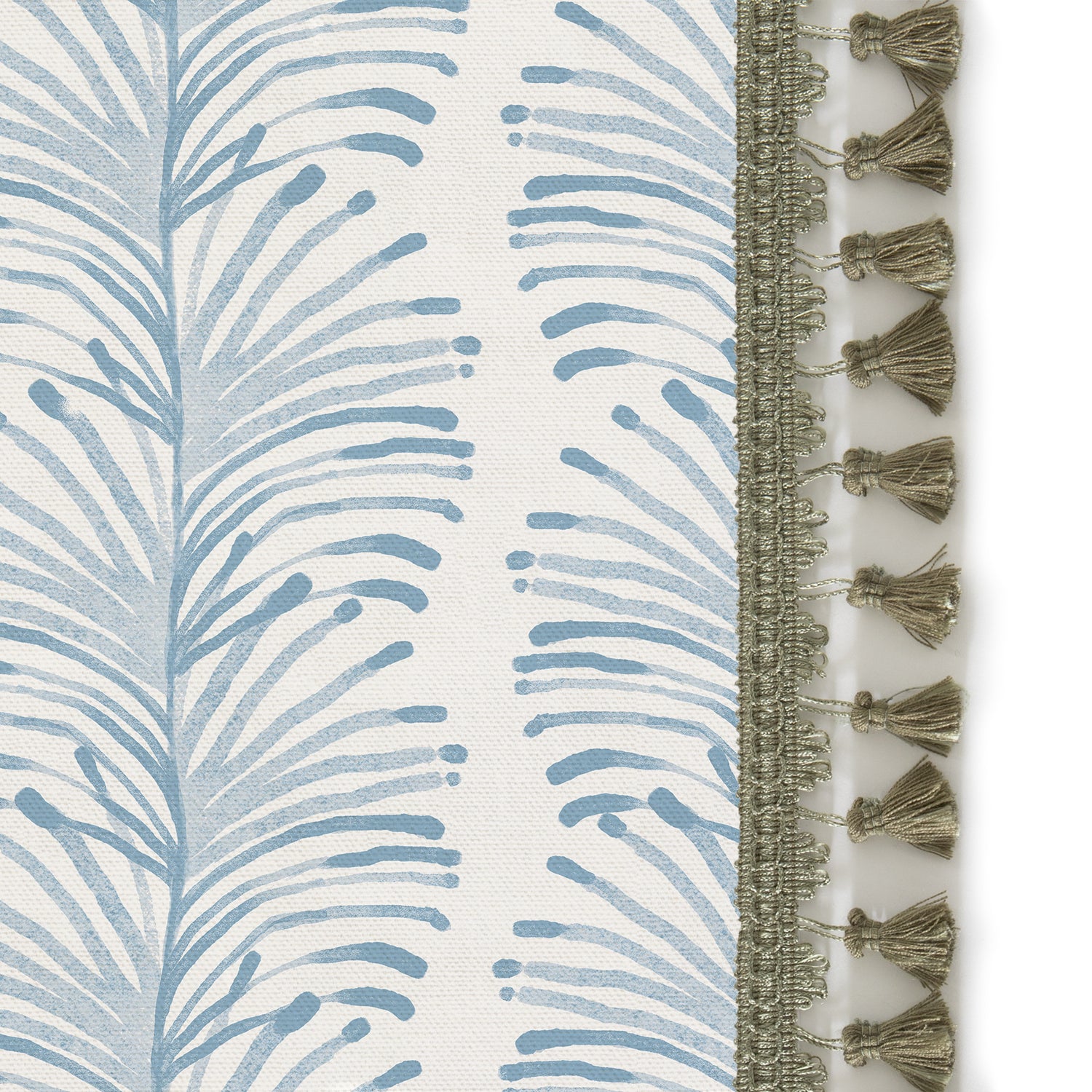 Upclose picture of Emma Sky custom Sky Blue Botanical Stripecurtain with sage tassel trim