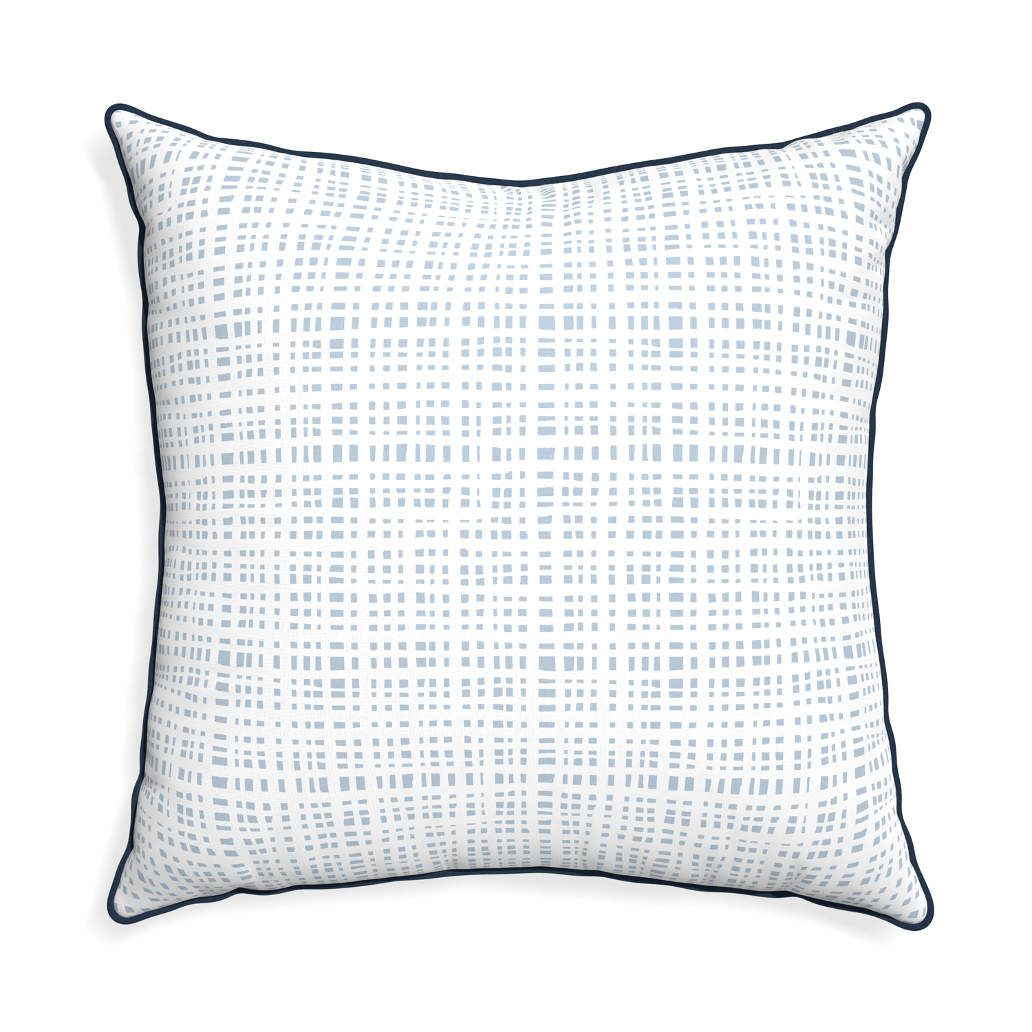 Plaid Sky Blue square pillow with dark blue piping