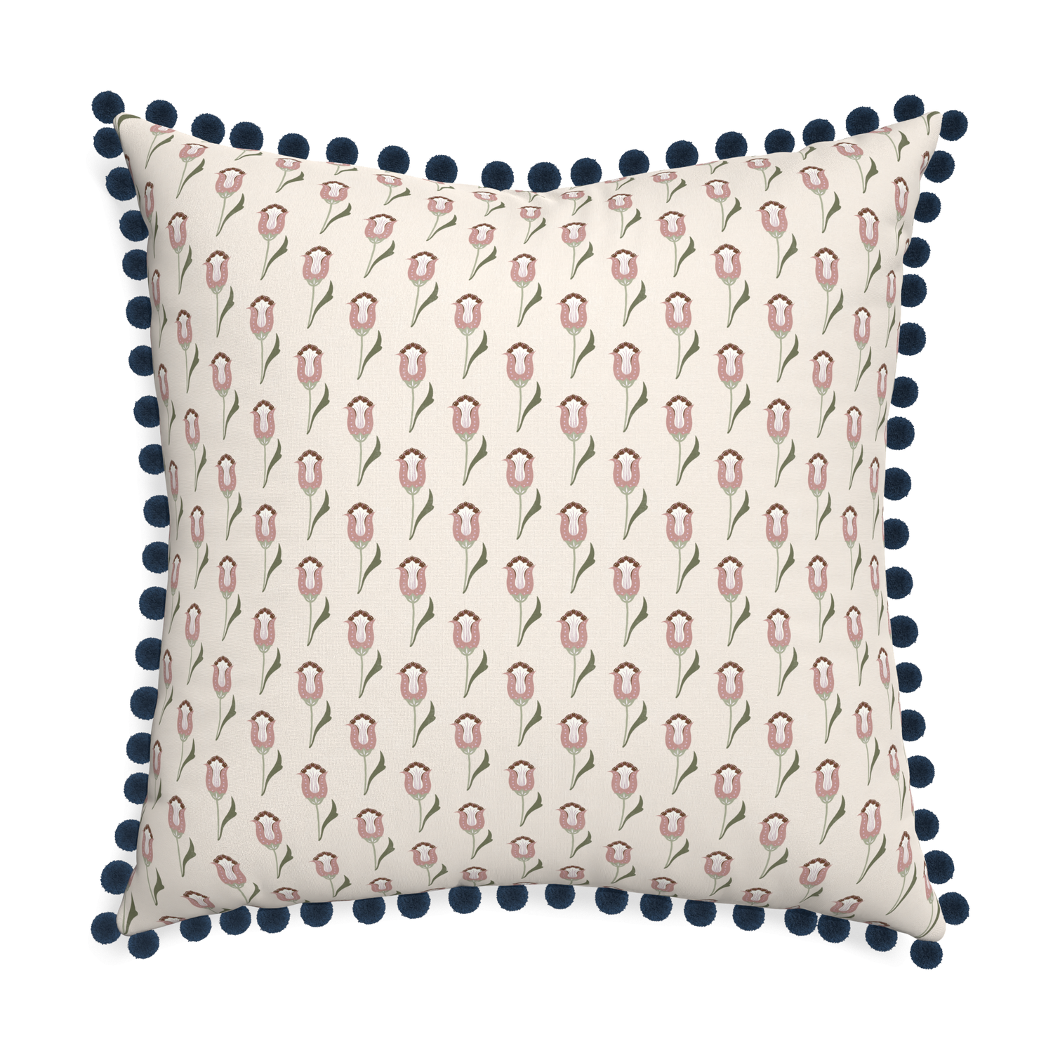 abstract floral pink pillow with dark blue pom poms