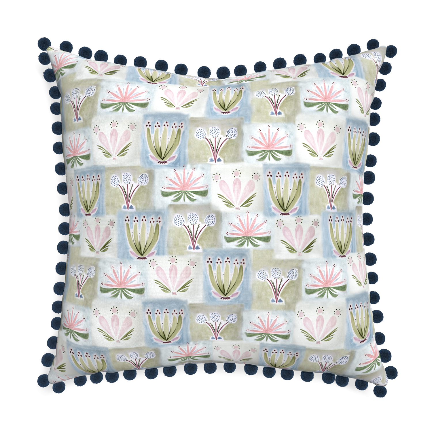 hand painted floral pillow with dark blue pom poms