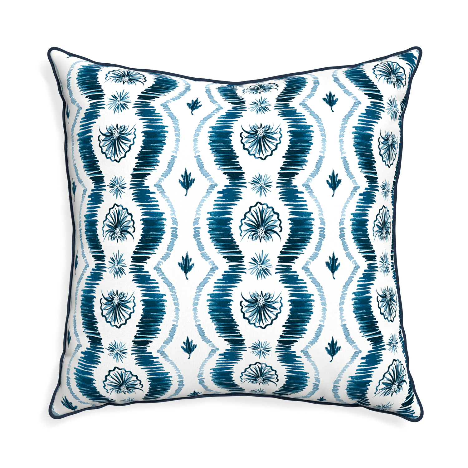 Euro-sham alice custom blue ikatpillow with c piping on white background
