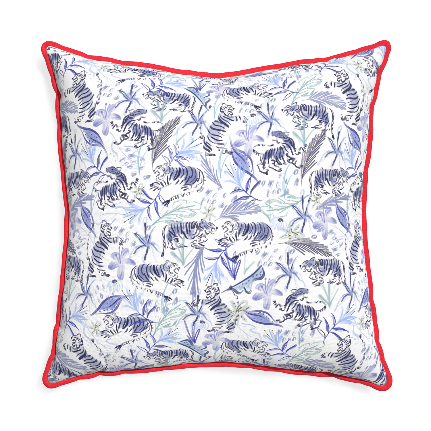 Euro-sham frida blue custom blue with intricate tiger designpillow with cherry piping on white background