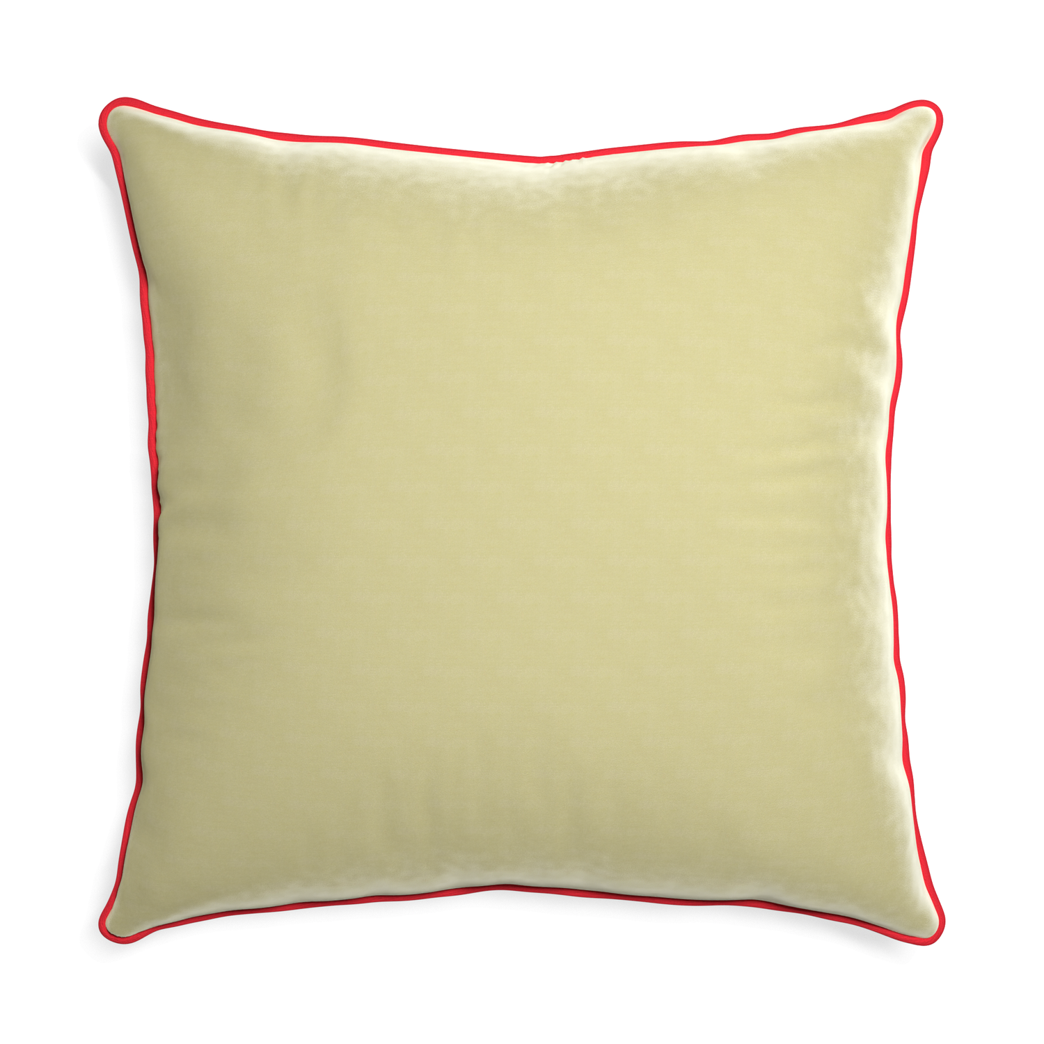 square light green velvet pillow with red piping
