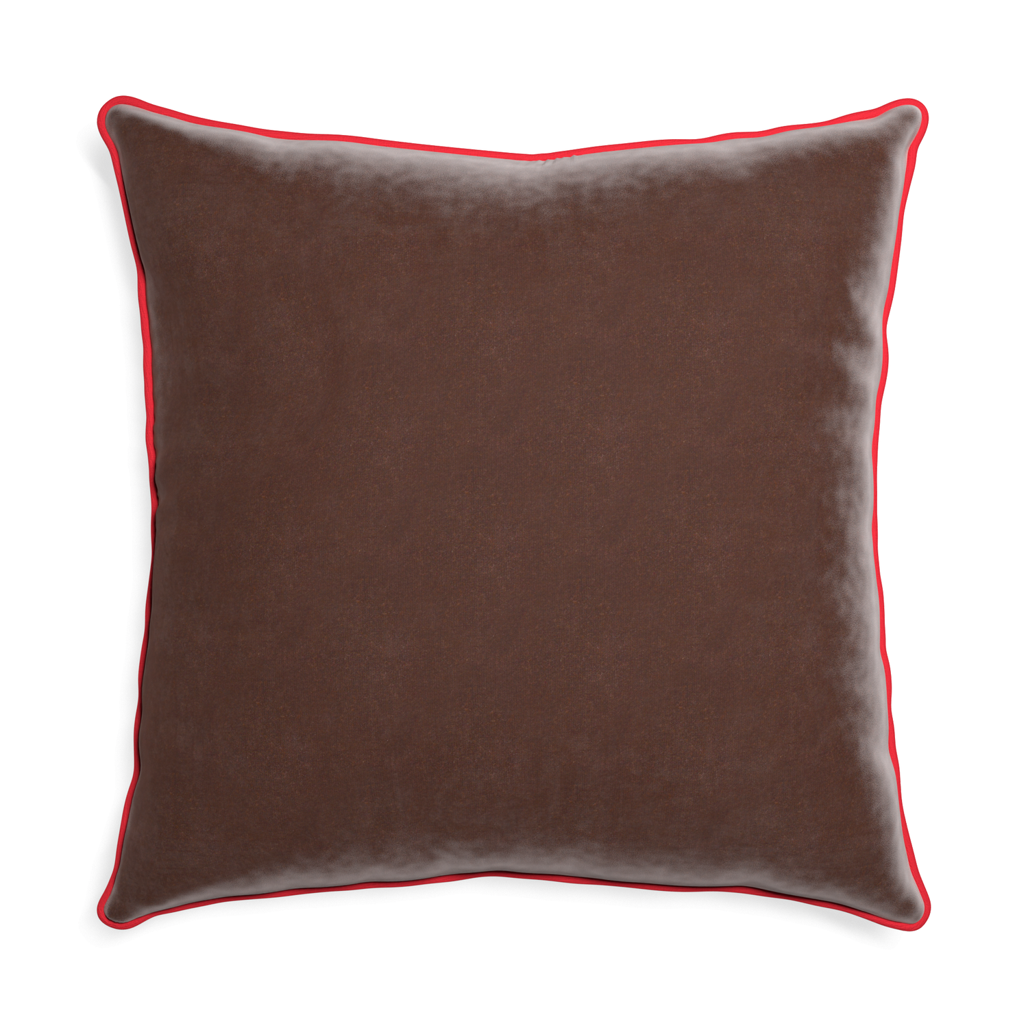 Euro-sham walnut velvet custom pillow with cherry piping on white background