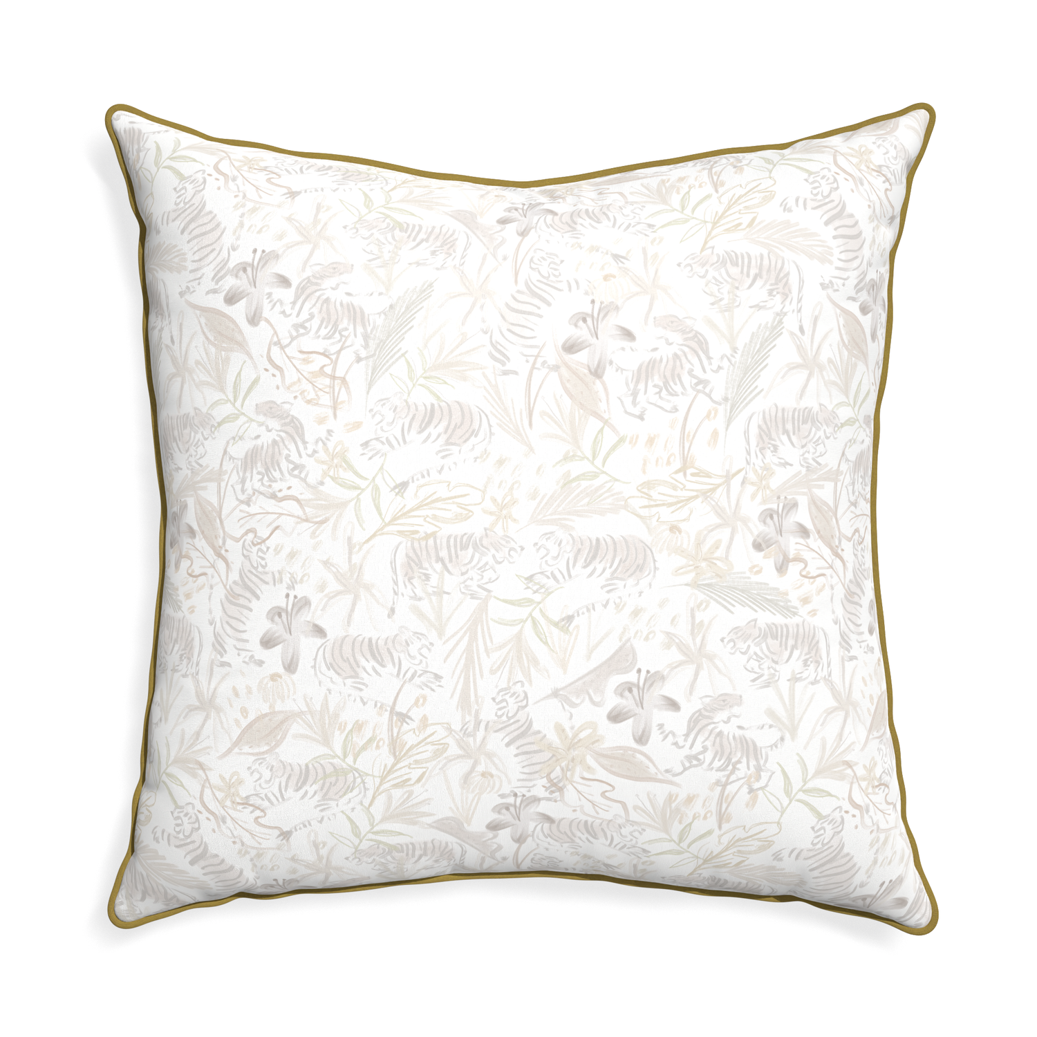 Euro-sham frida sand custom beige chinoiserie tigerpillow with c piping on white background