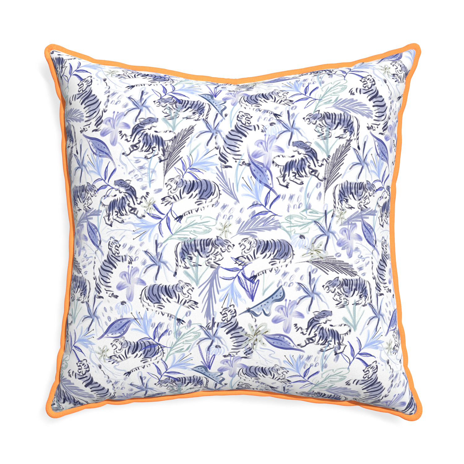 Euro-sham frida blue custom blue with intricate tiger designpillow with clementine piping on white background