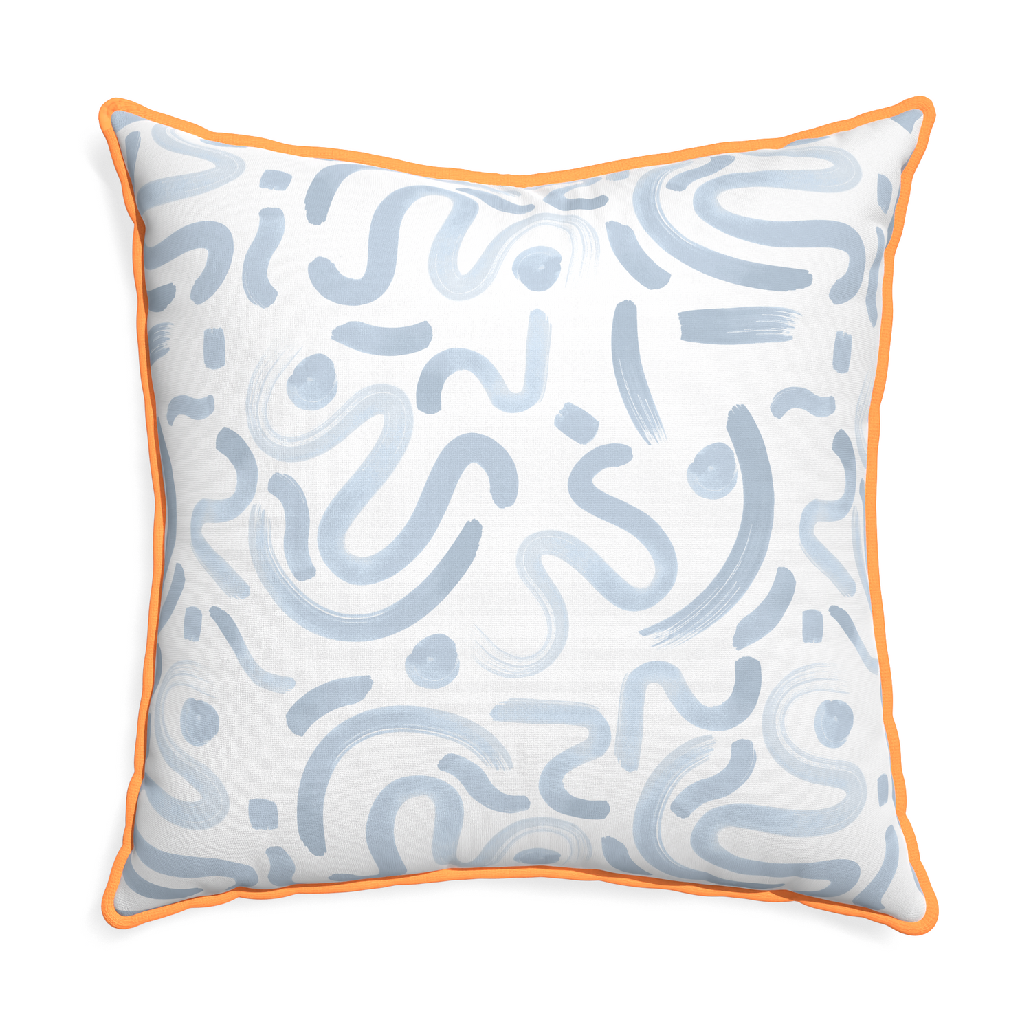 Euro-sham hockney sky custom pillow with clementine piping on white background