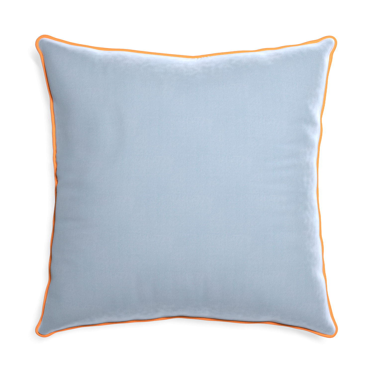 square light blue velvet pillow with orange piping