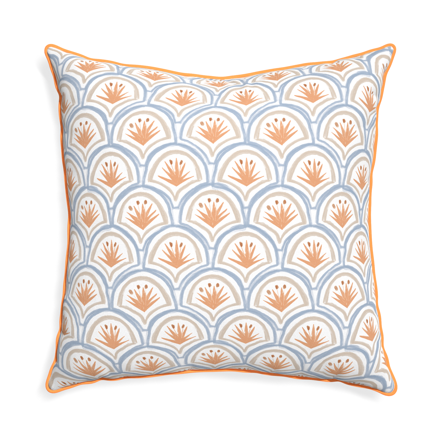 Euro-sham thatcher apricot custom art deco palm patternpillow with clementine piping on white background