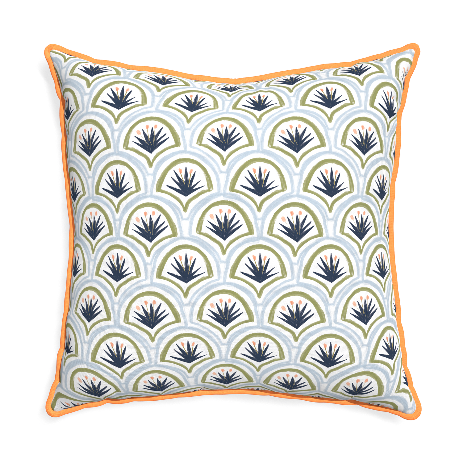 Euro-sham thatcher midnight custom art deco palm patternpillow with clementine piping on white background