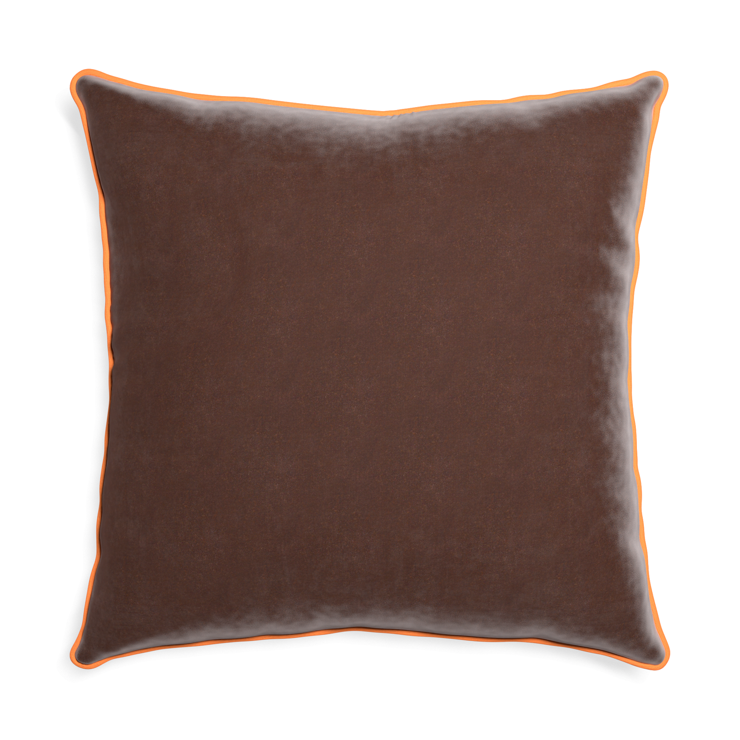 Euro-sham walnut velvet custom pillow with clementine piping on white background