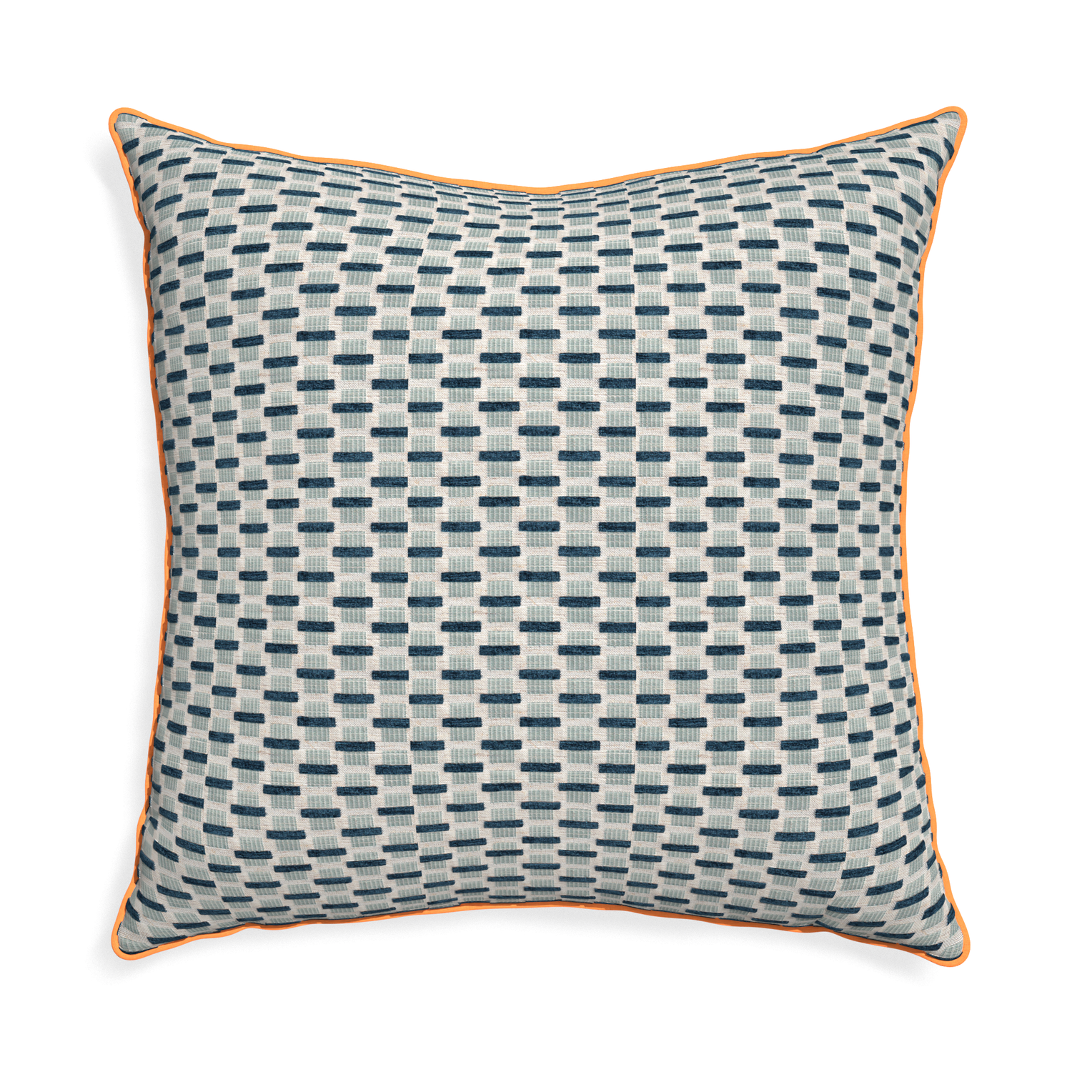 Euro-sham willow amalfi custom blue geometric chenillepillow with clementine piping on white background