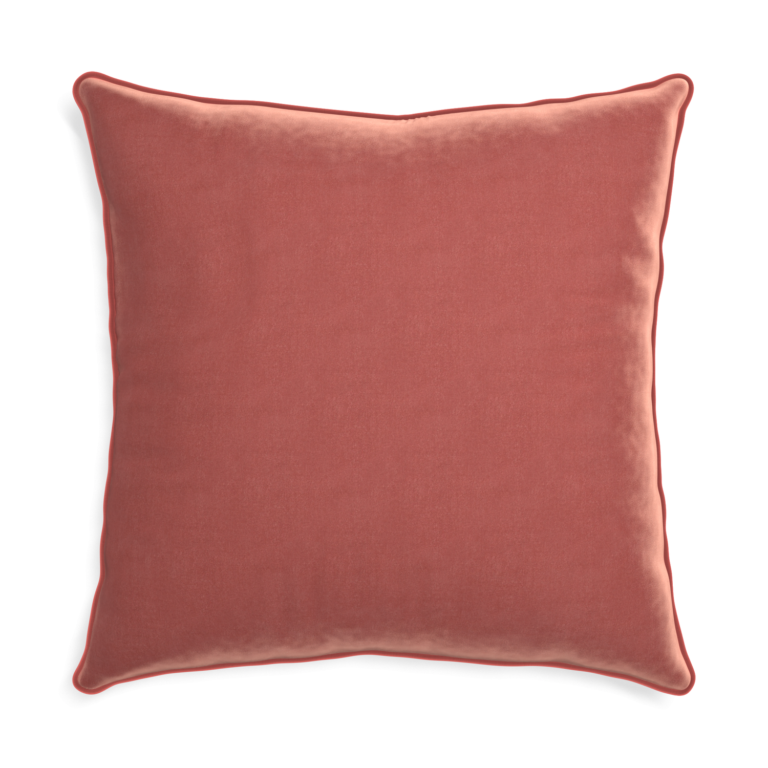 square coral velvet pillow with coral piping