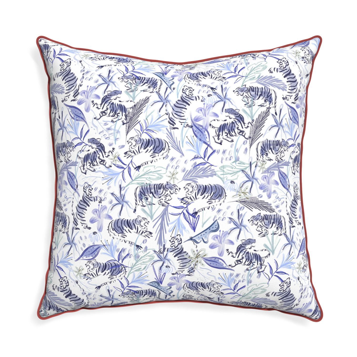 Euro-sham frida blue custom blue with intricate tiger designpillow with c piping on white background