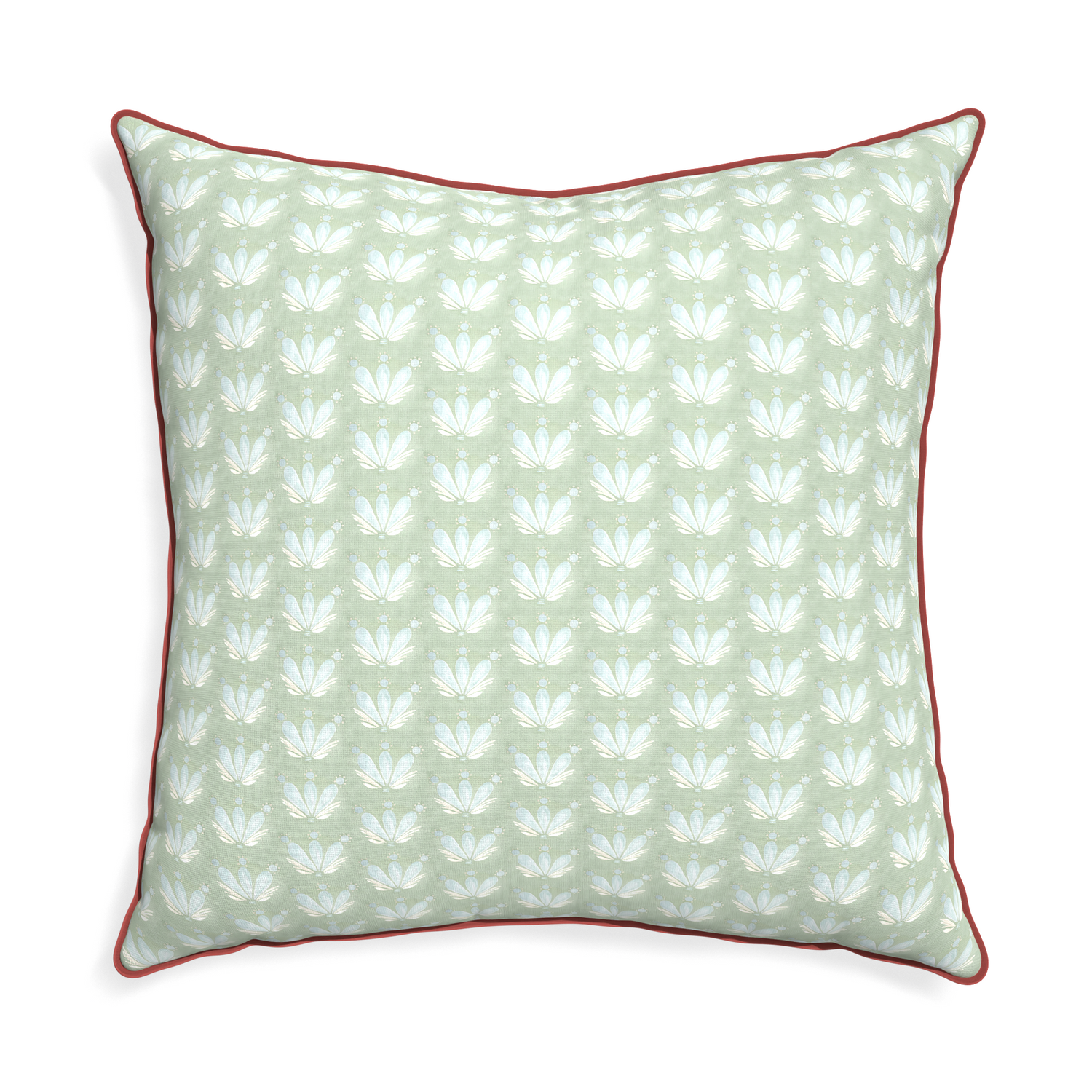 Euro-sham serena sea salt custom blue & green floral drop repeatpillow with c piping on white background