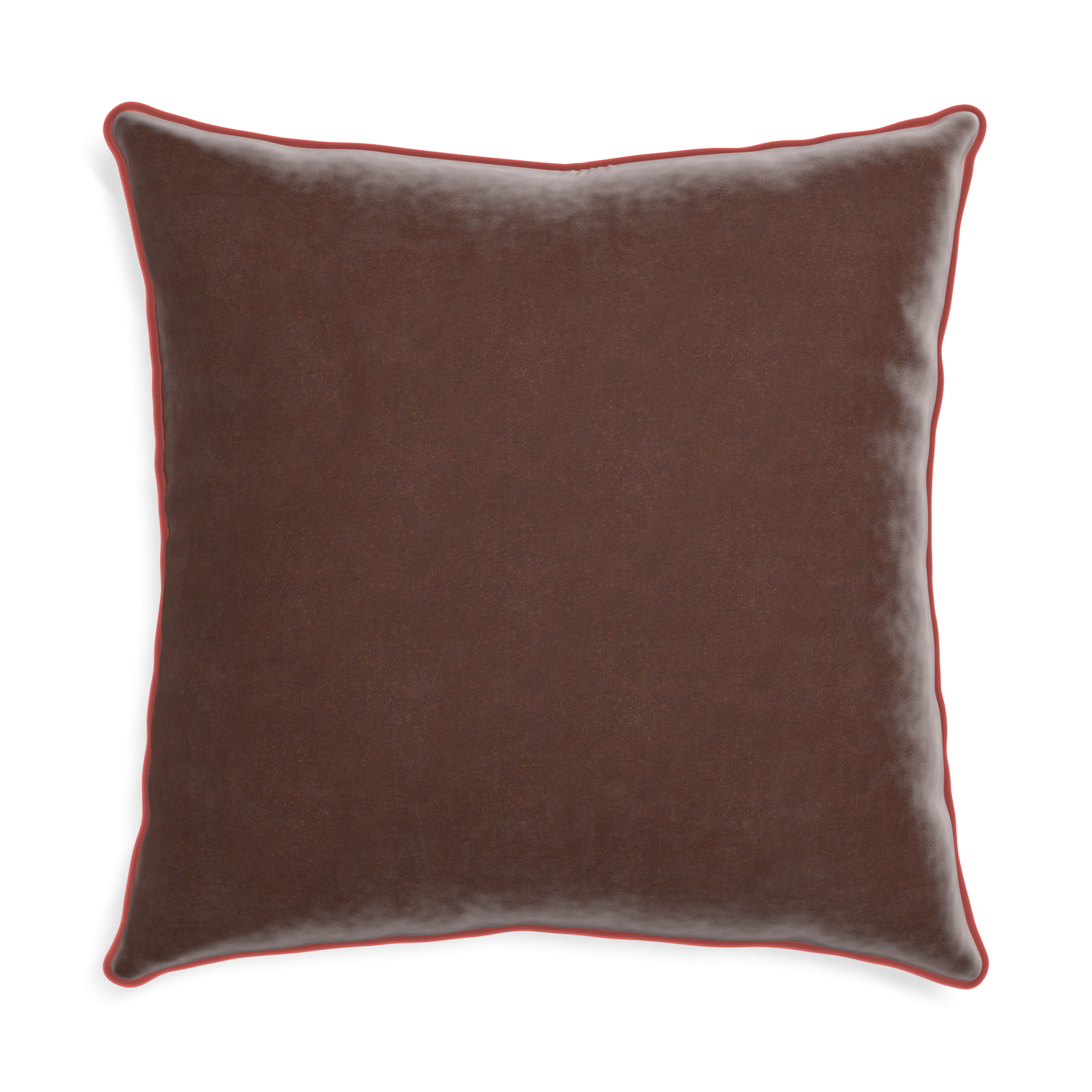 square brown velvet pillow with coral piping