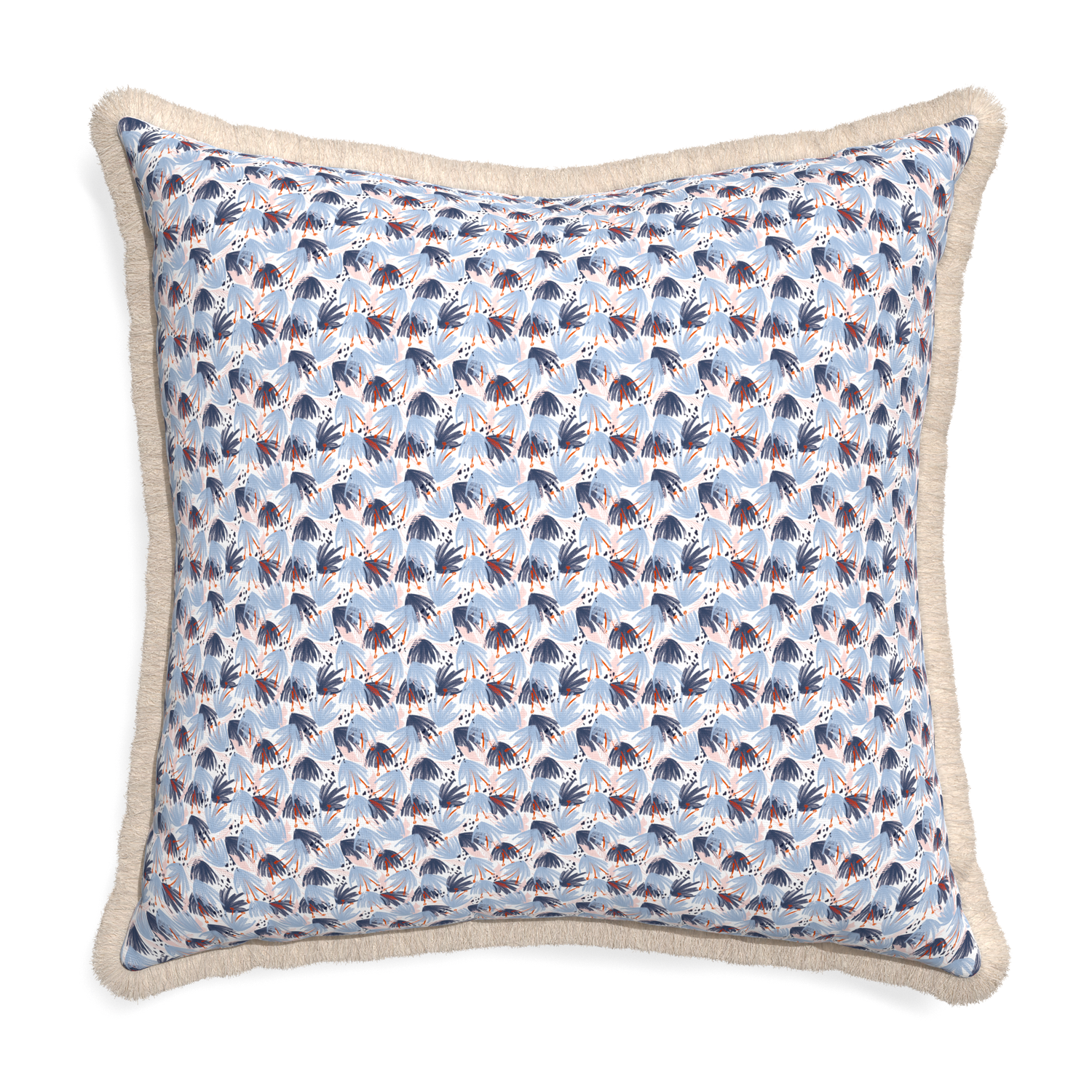 Euro-sham eden blue custom pillow with cream fringe on white background