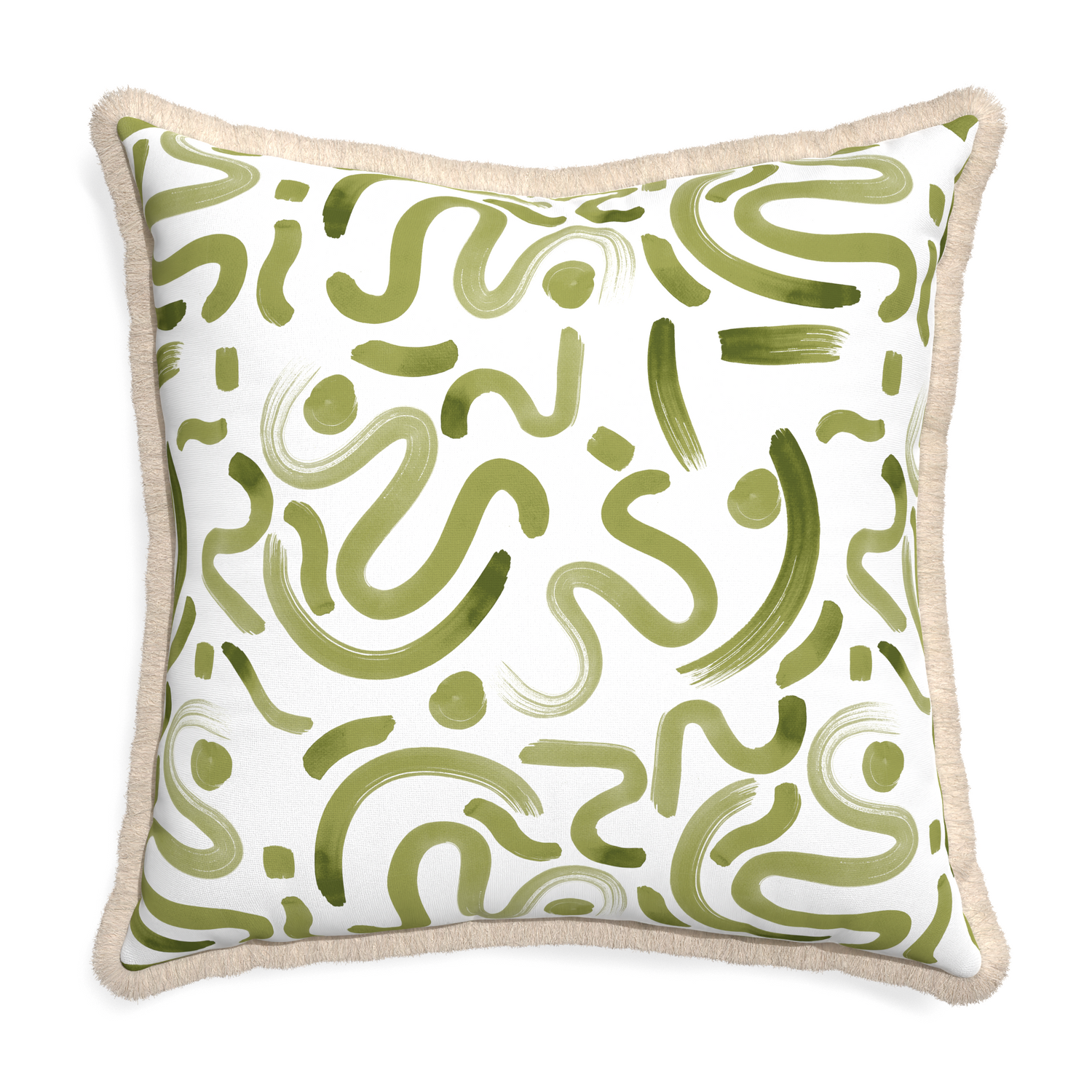 Euro-sham hockney moss custom pillow with cream fringe on white background