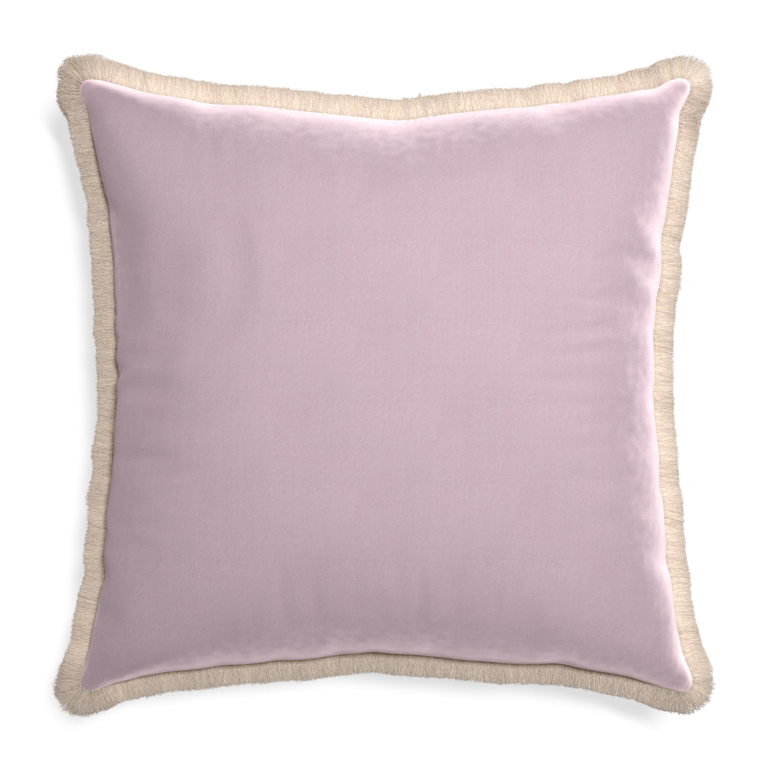 Euro-sham lilac velvet custom pillow with cream fringe on white background