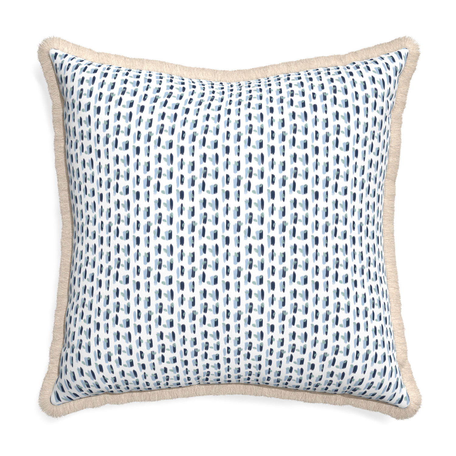Euro-sham poppy blue custom pillow with cream fringe on white background