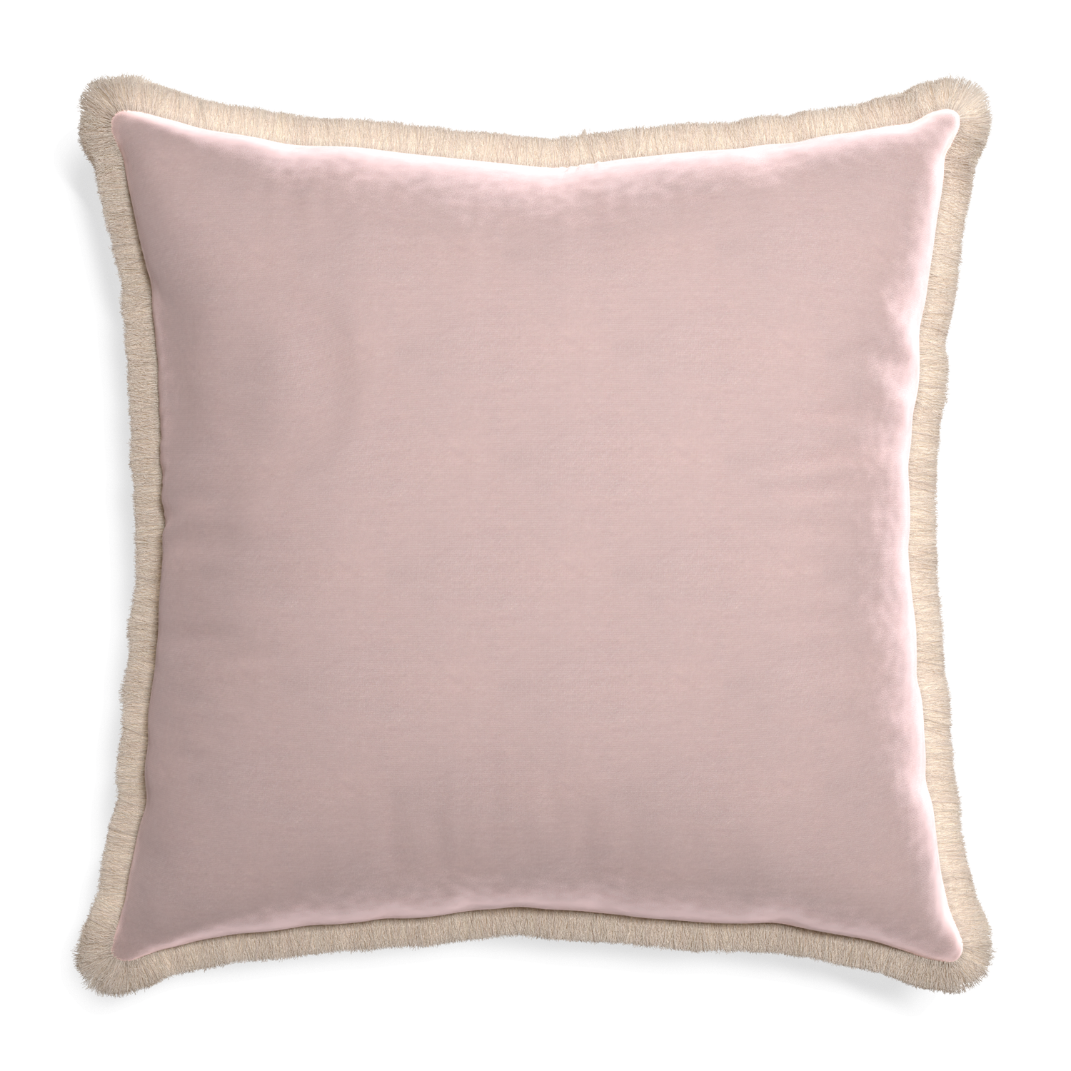 Euro-sham rose velvet custom pillow with cream fringe on white background