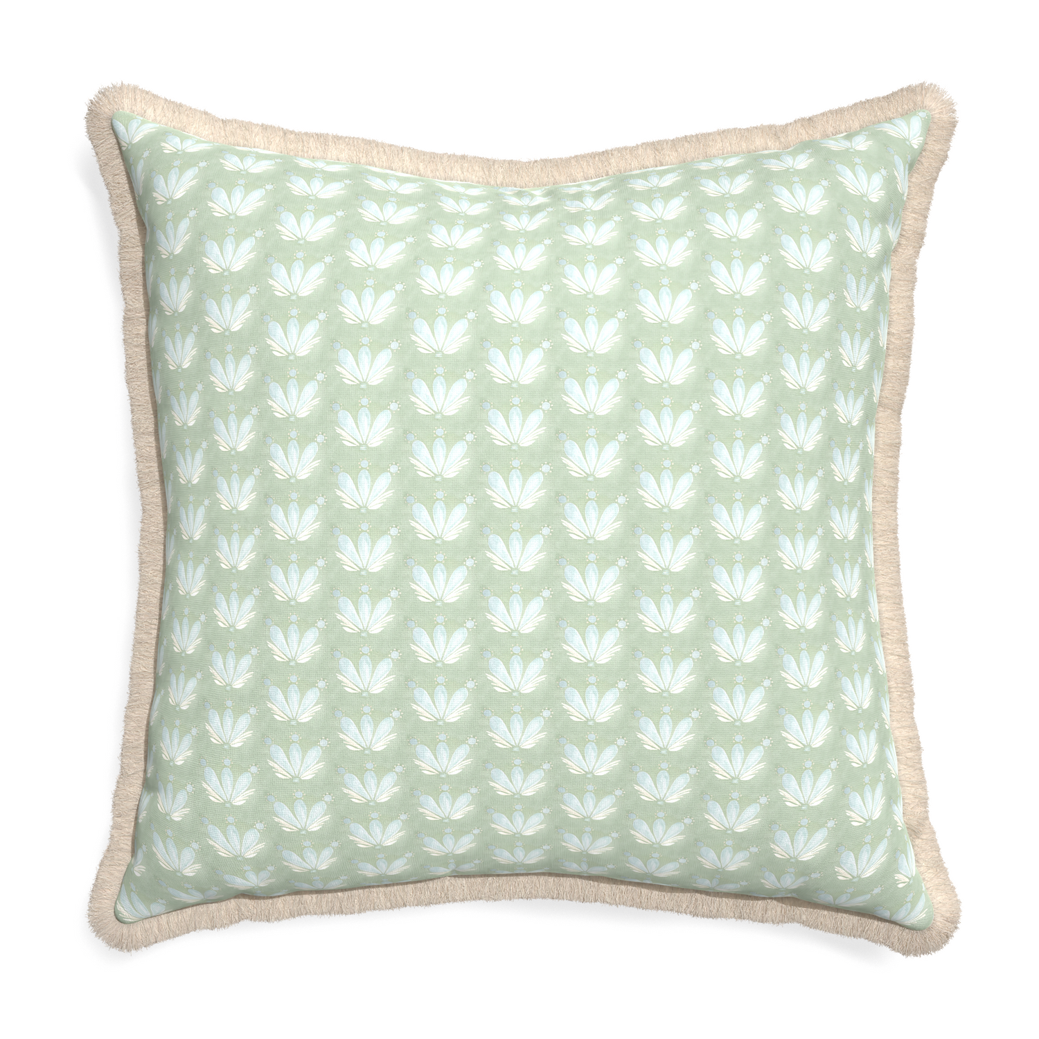 Euro-sham serena sea salt custom blue & green floral drop repeatpillow with cream fringe on white background