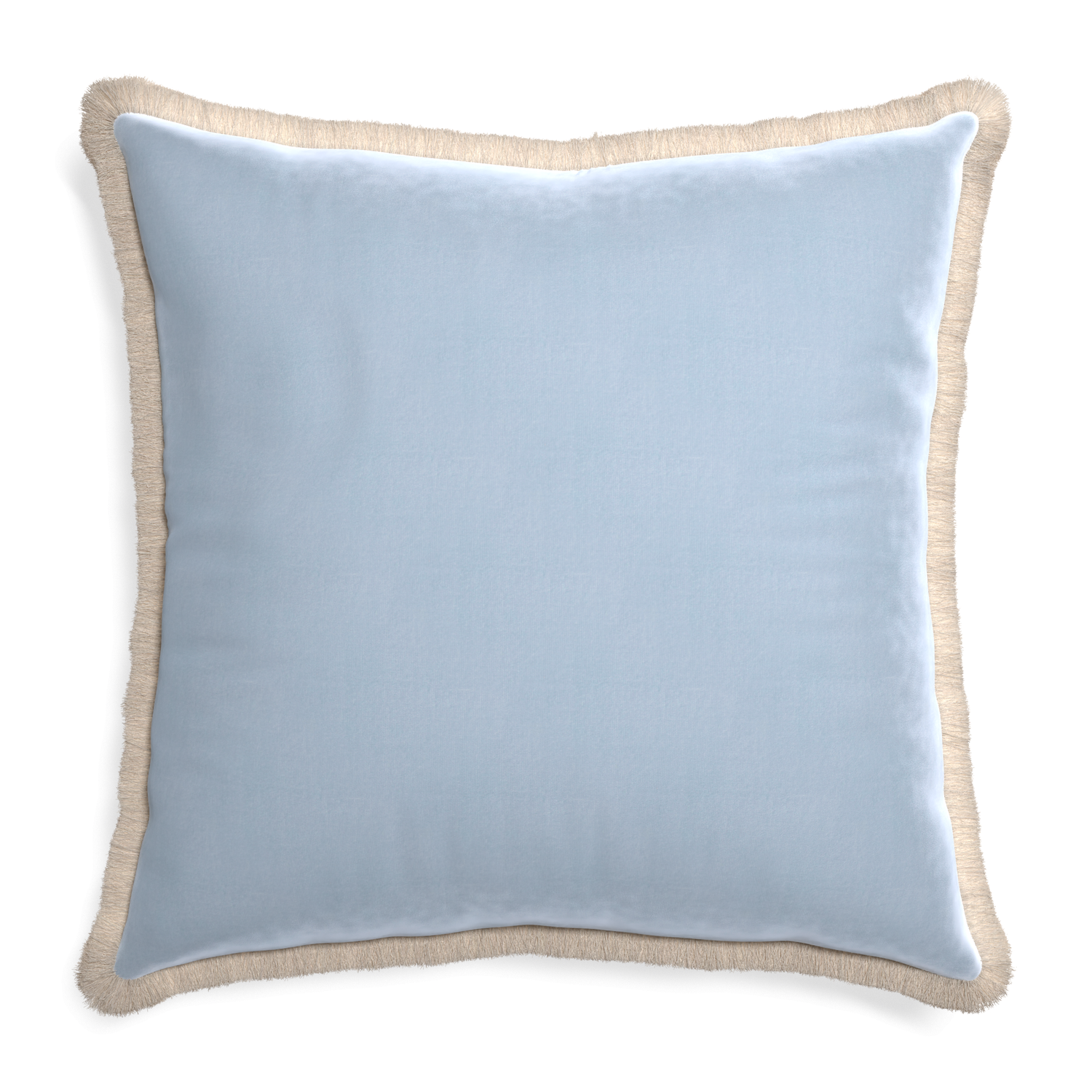 square light blue velvet pillow with cream fringe