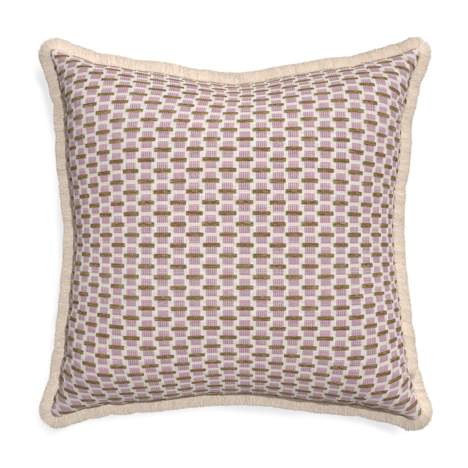 Euro-sham willow orchid custom pink geometric chenillepillow with cream fringe on white background