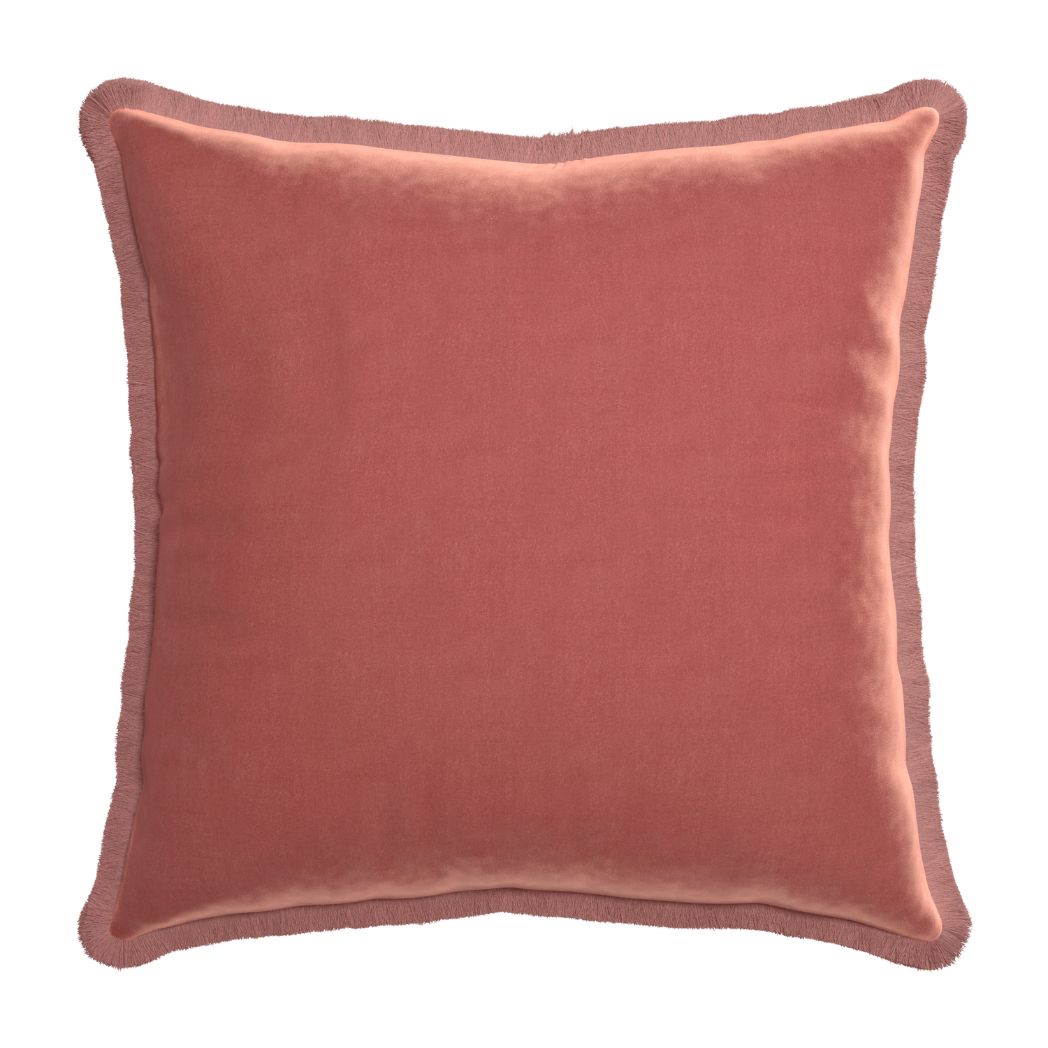 square coral velvet pillow with dusty rose fringe