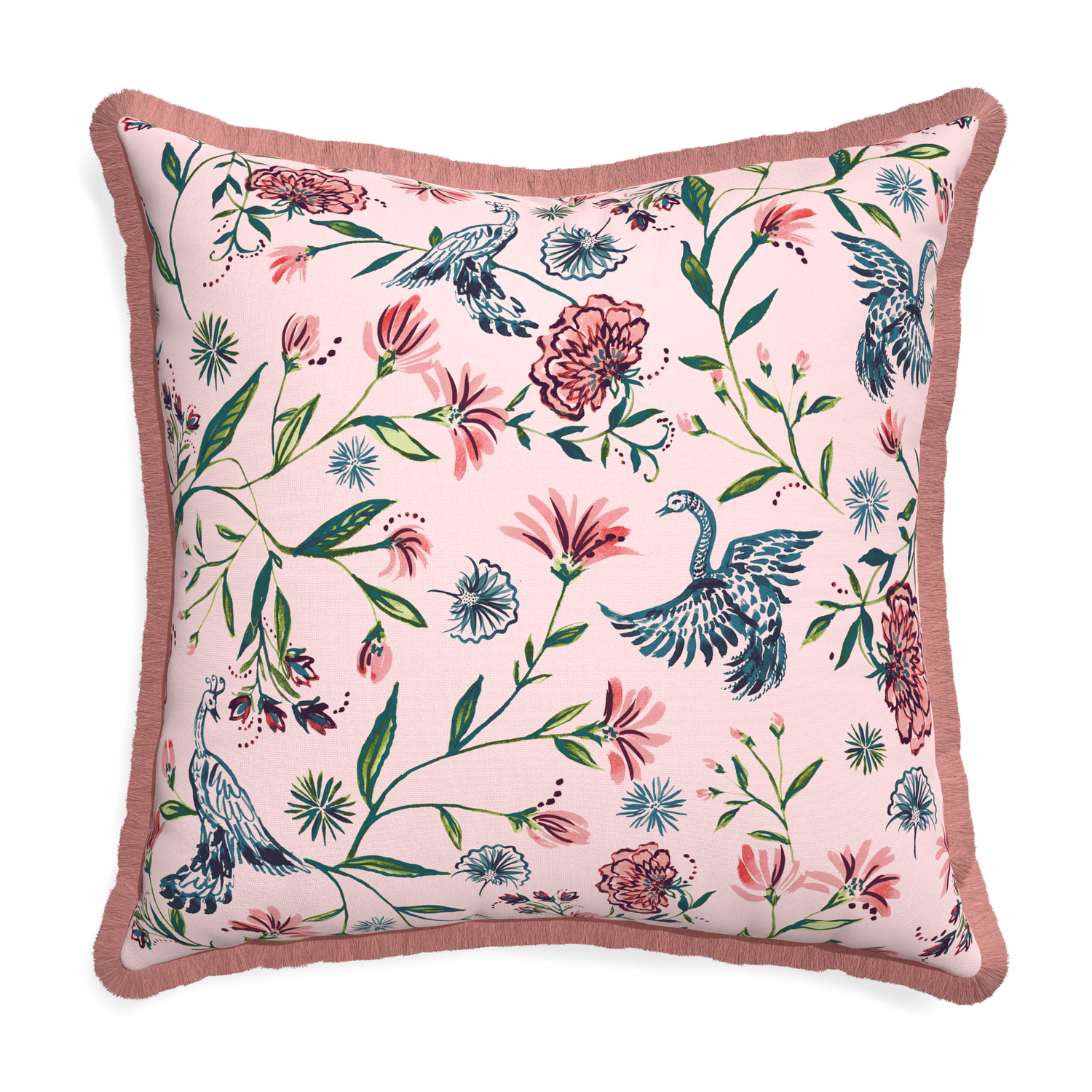 Euro-sham daphne rose custom pillow with d fringe on white background