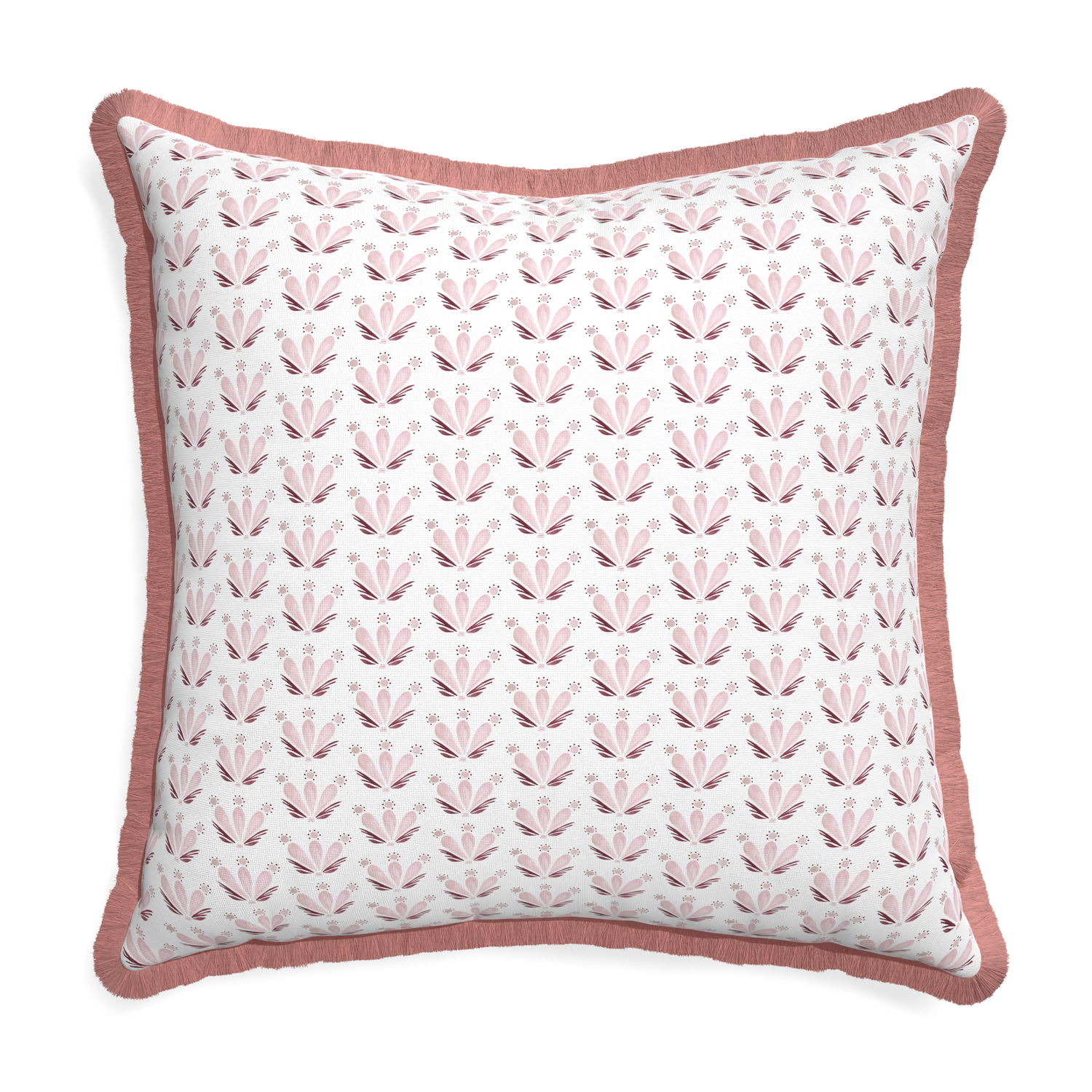 Euro-sham serena pink custom pink & burgundy drop repeat floralpillow with d fringe on white background