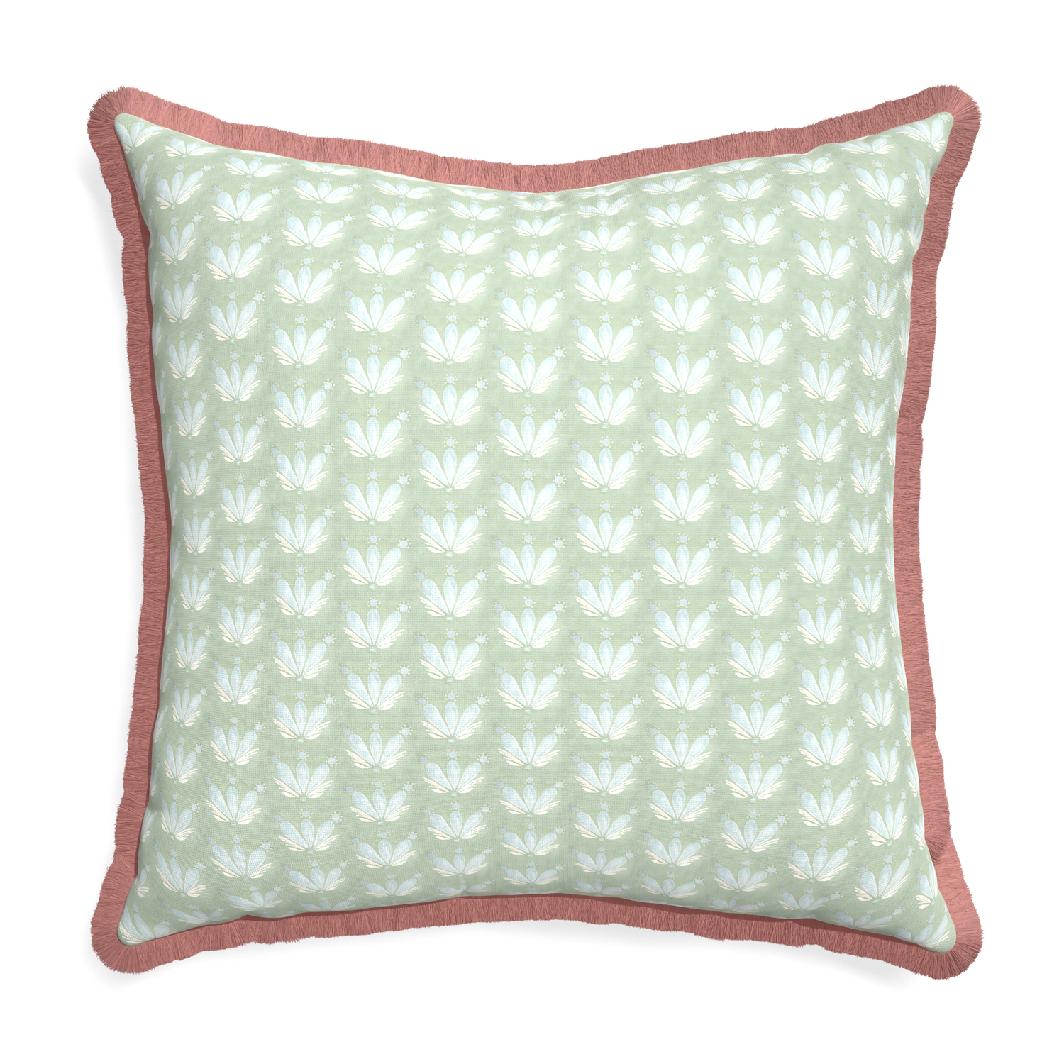 Euro-sham serena sea salt custom blue & green floral drop repeatpillow with d fringe on white background