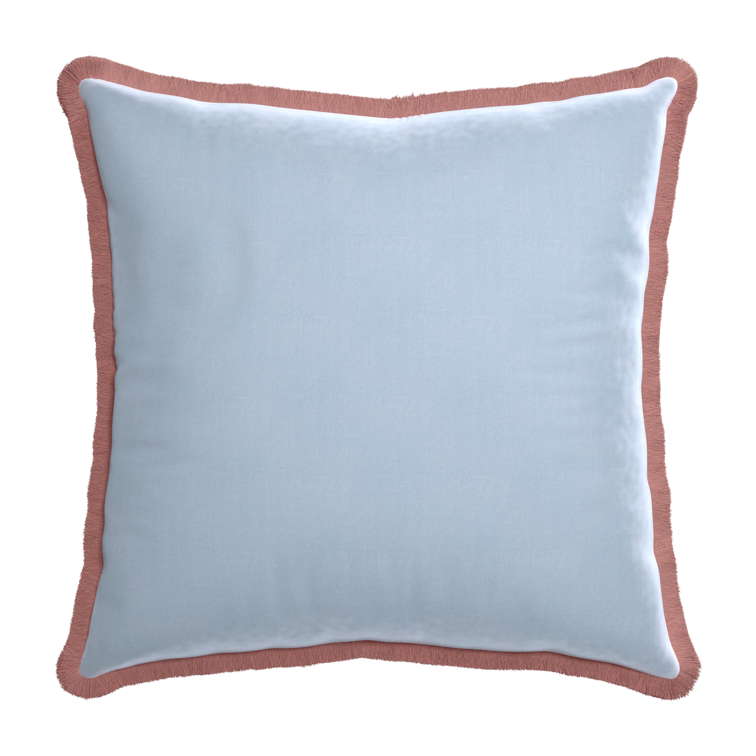 square light blue velvet pillow with dusty rose fringe
