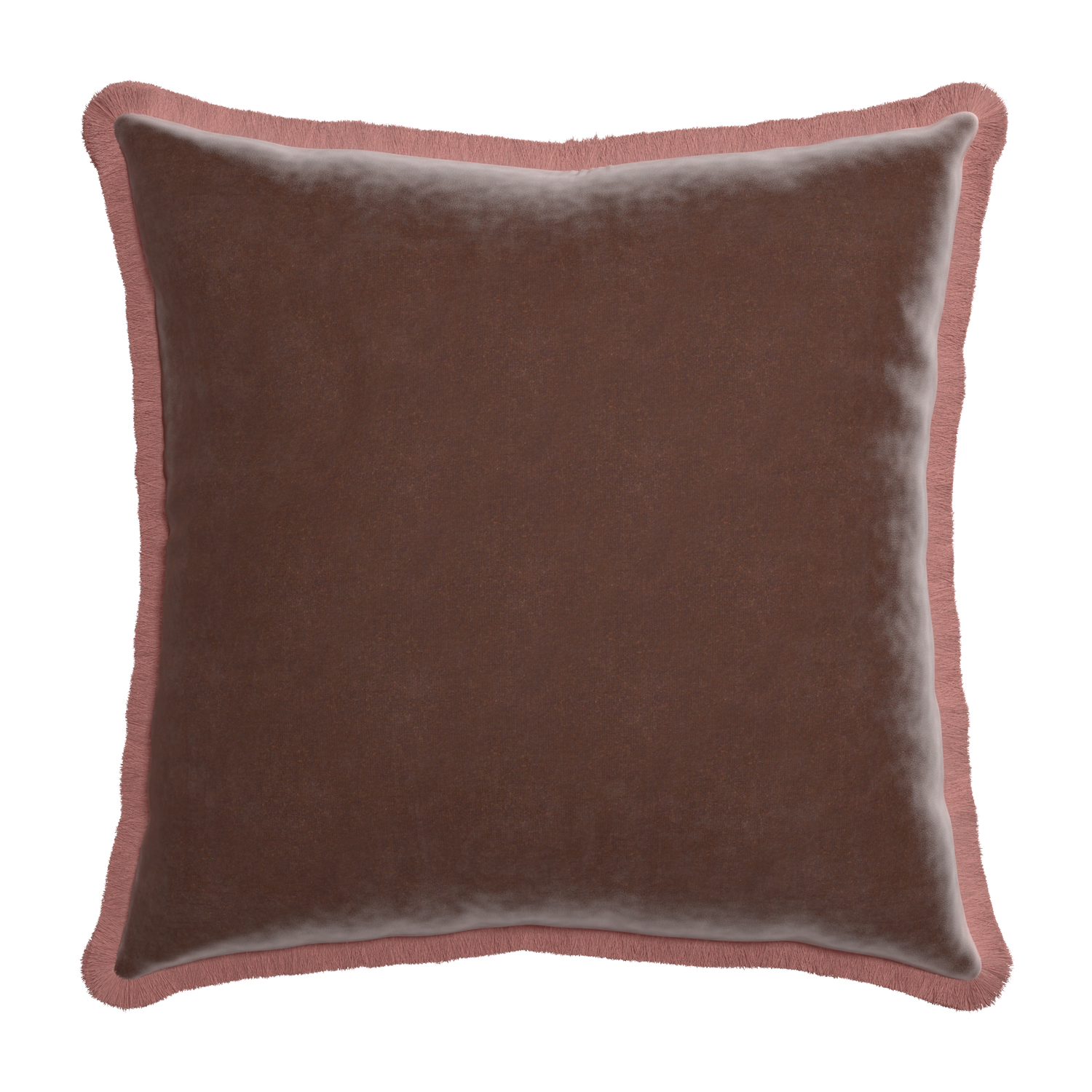 square brown velvet pillow with dusty rose fringe