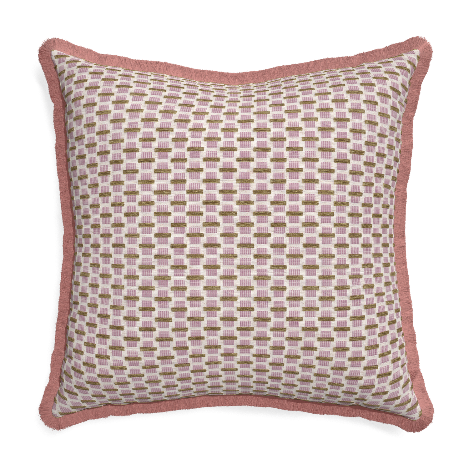 Euro-sham willow orchid custom pink geometric chenillepillow with d fringe on white background