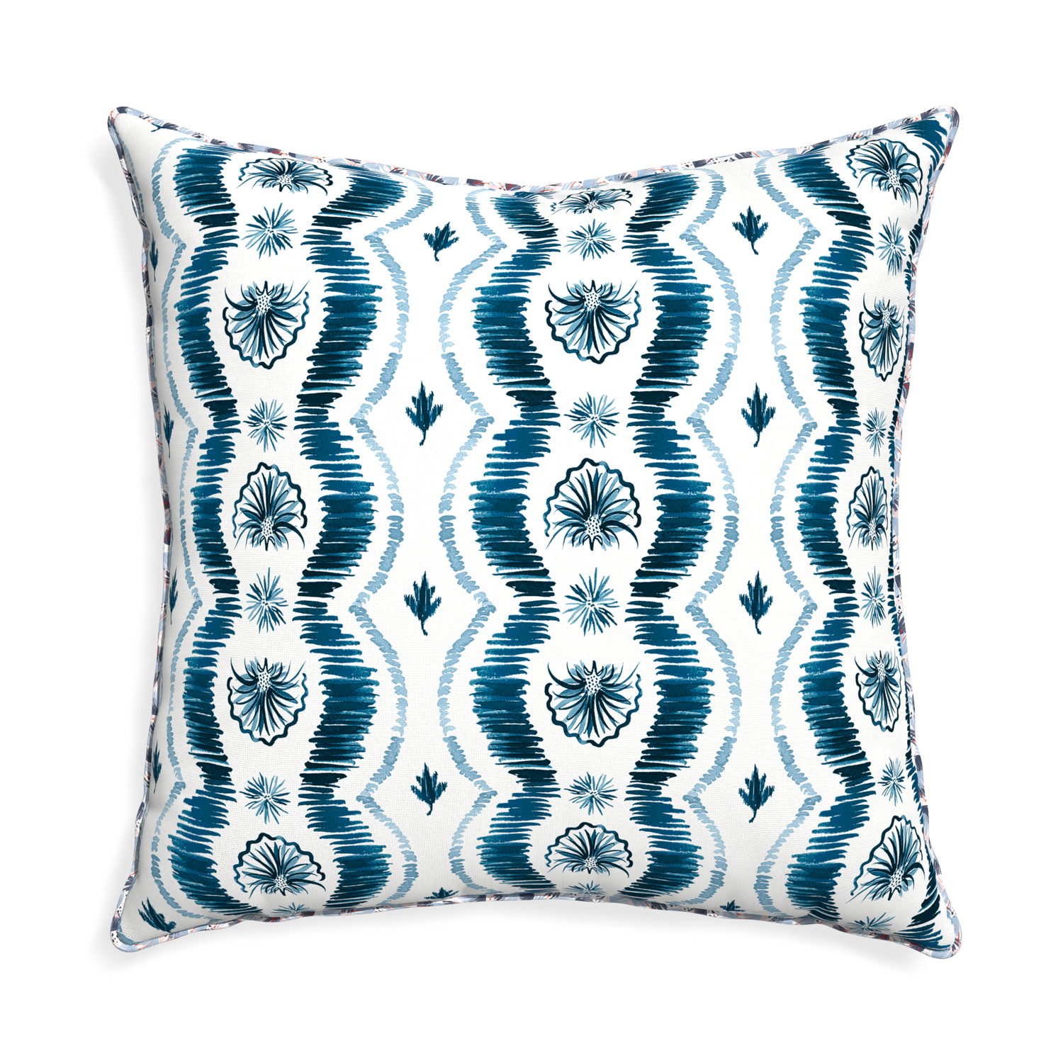Euro-sham alice custom blue ikatpillow with e piping on white background