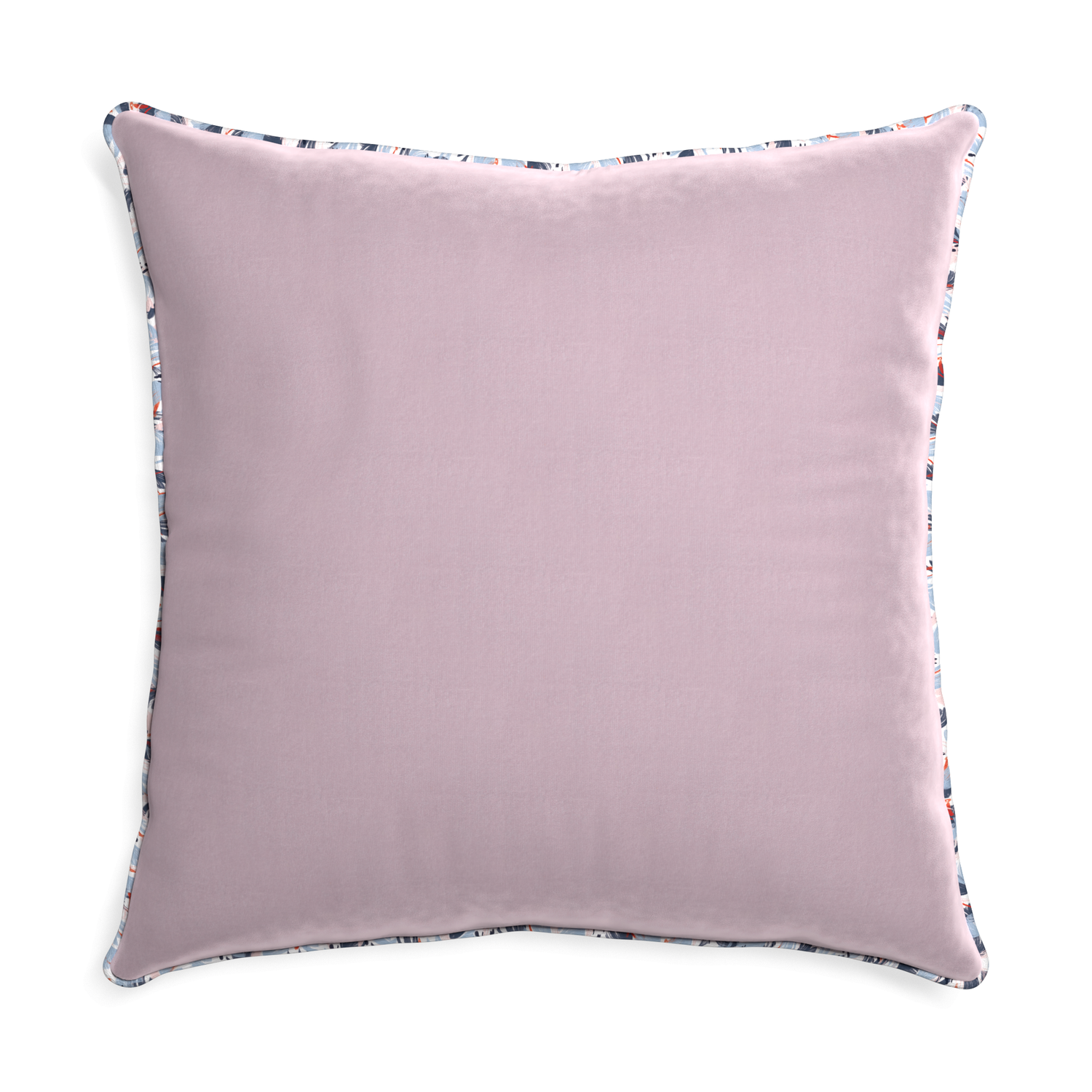 square lilac velvet pillow with red and blue piping