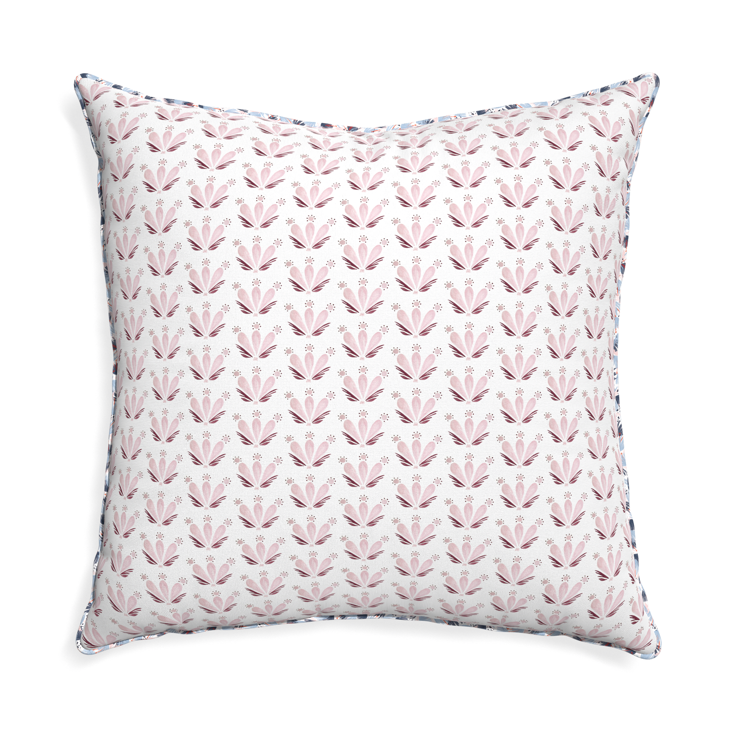 Euro-sham serena pink custom pink & burgundy drop repeat floralpillow with e piping on white background