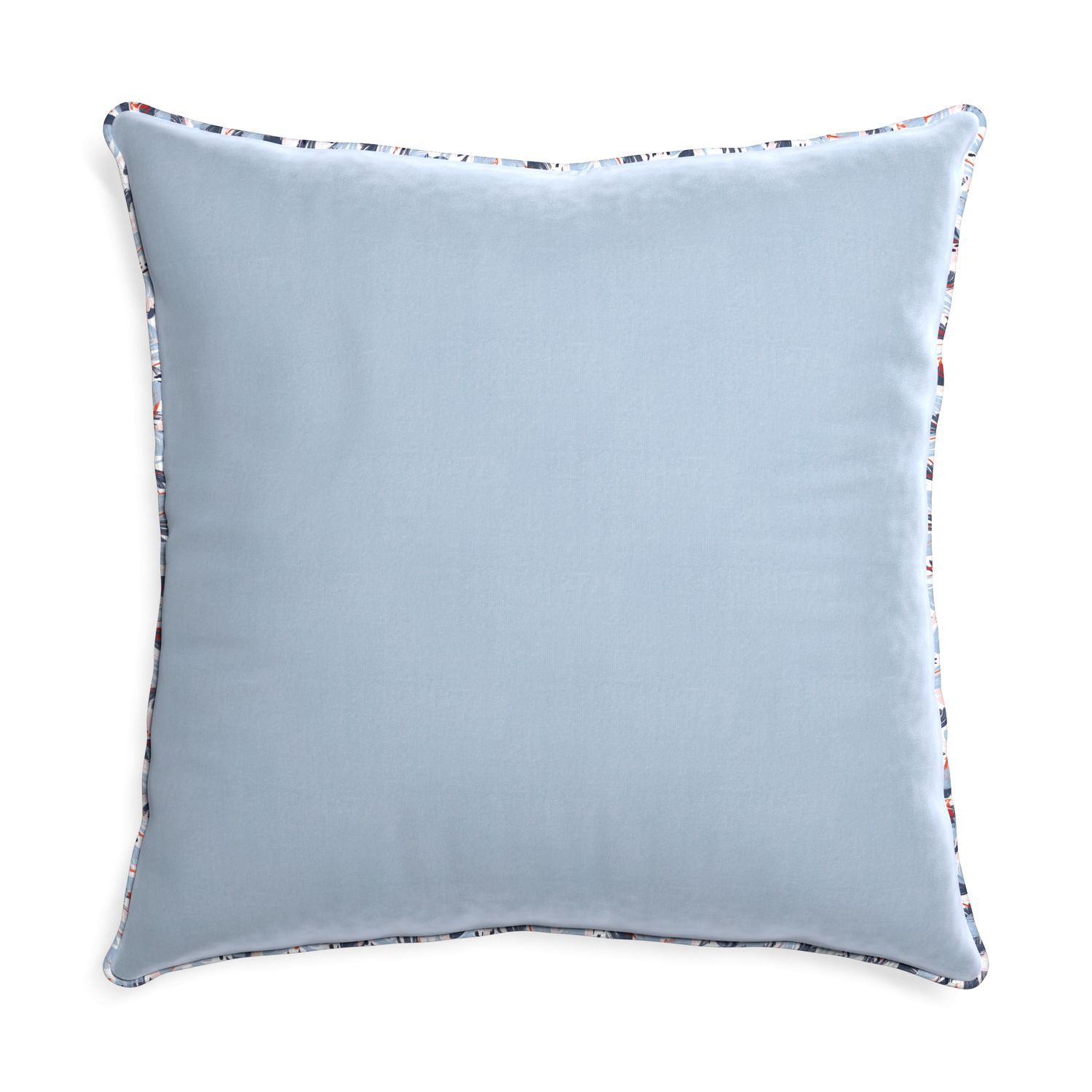 square light blue velvet pillow with red and blue piping