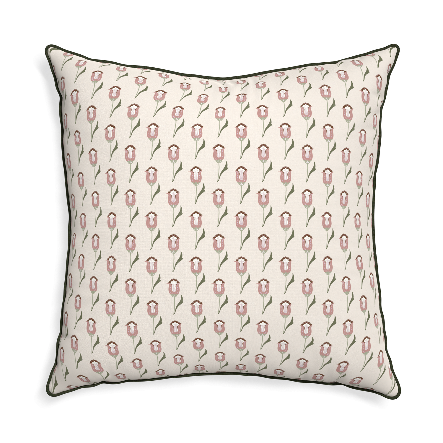 abstract floral pink pillow with fern green velvet piping