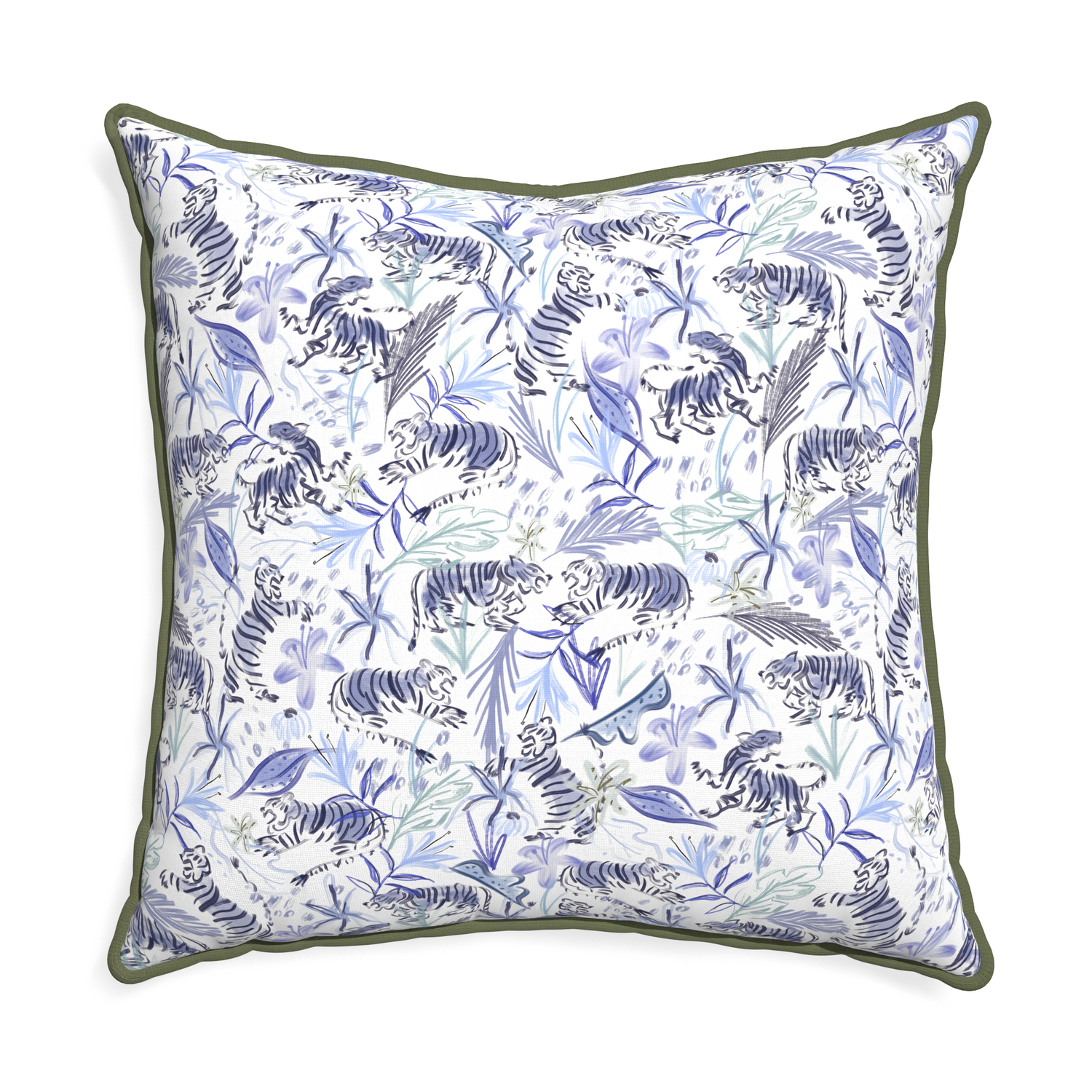 Euro-sham frida blue custom blue with intricate tiger designpillow with f piping on white background