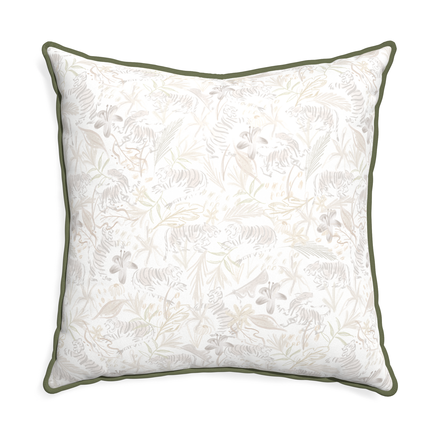 Euro-sham frida sand custom beige chinoiserie tigerpillow with f piping on white background