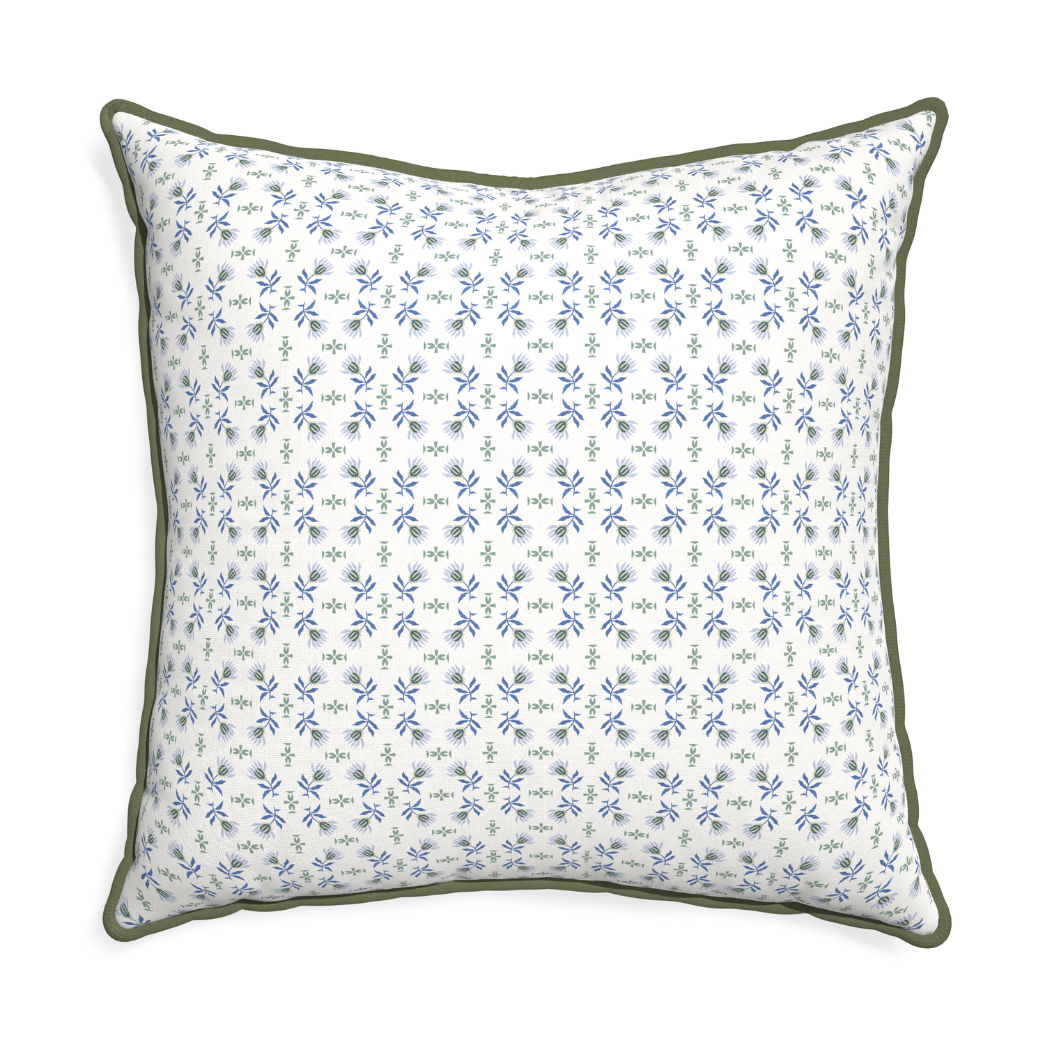 Euro-sham lee custom blue & green floralpillow with f piping on white background