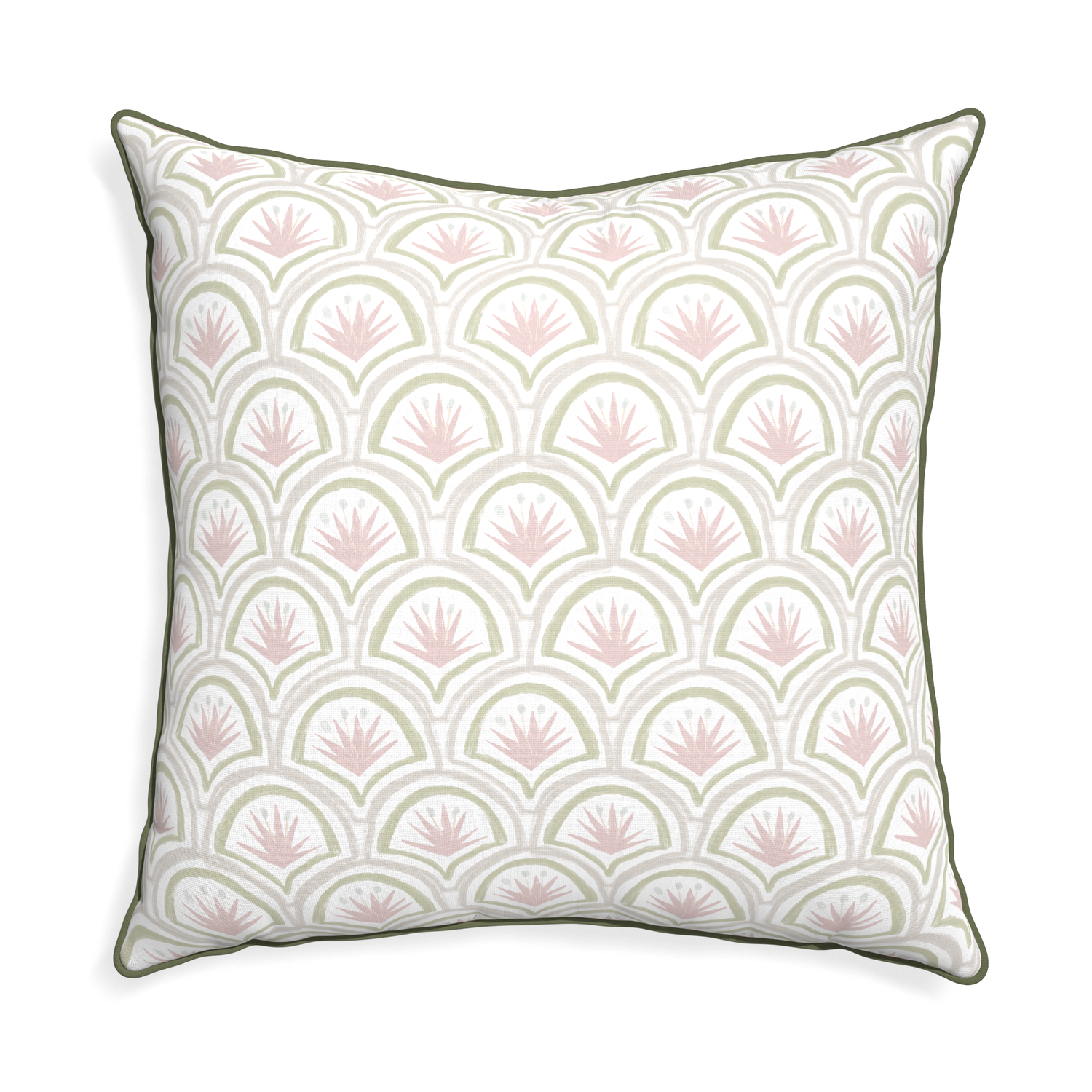 Euro-sham thatcher rose custom pink & green palmpillow with f piping on white background