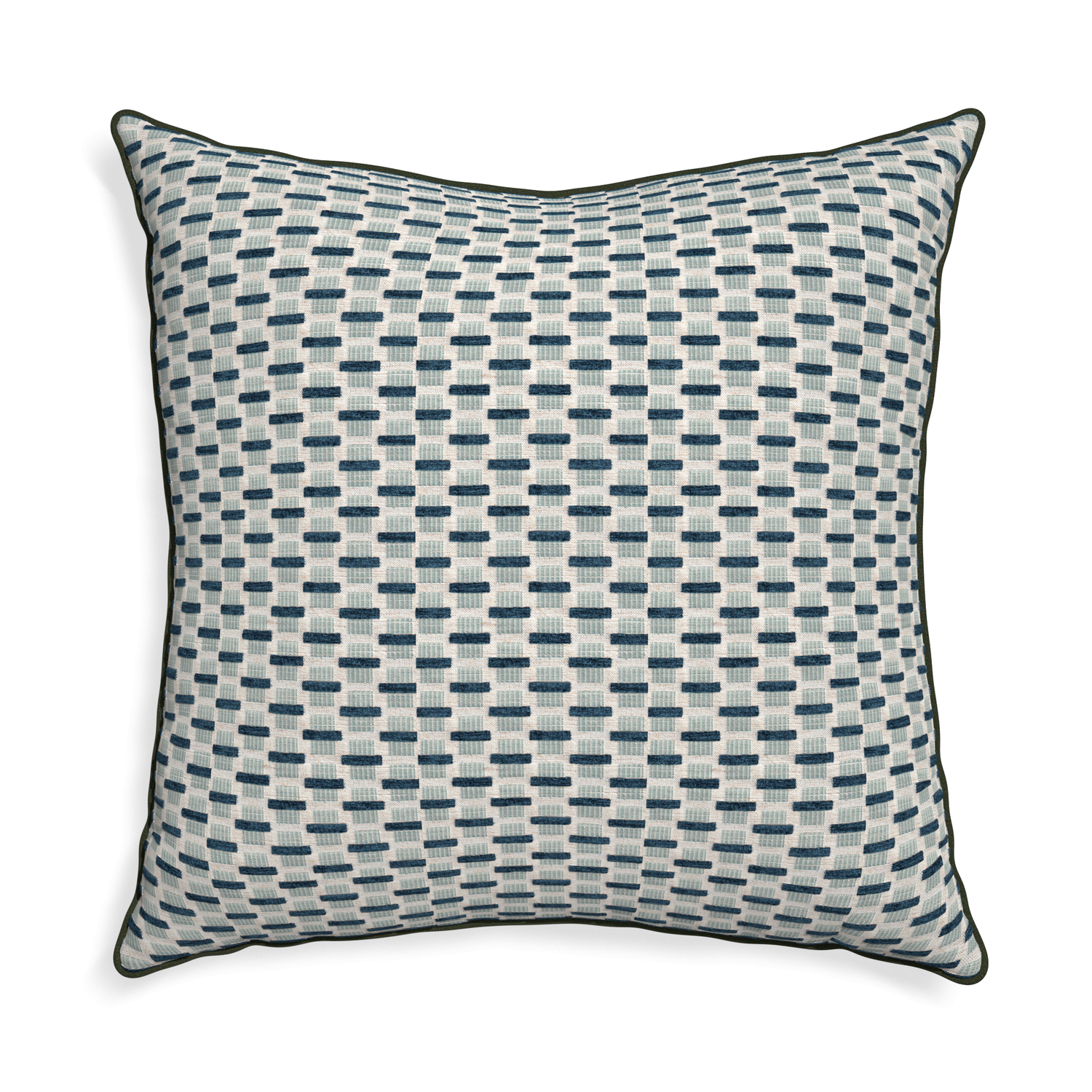 Euro-sham willow amalfi custom blue geometric chenillepillow with f piping on white background