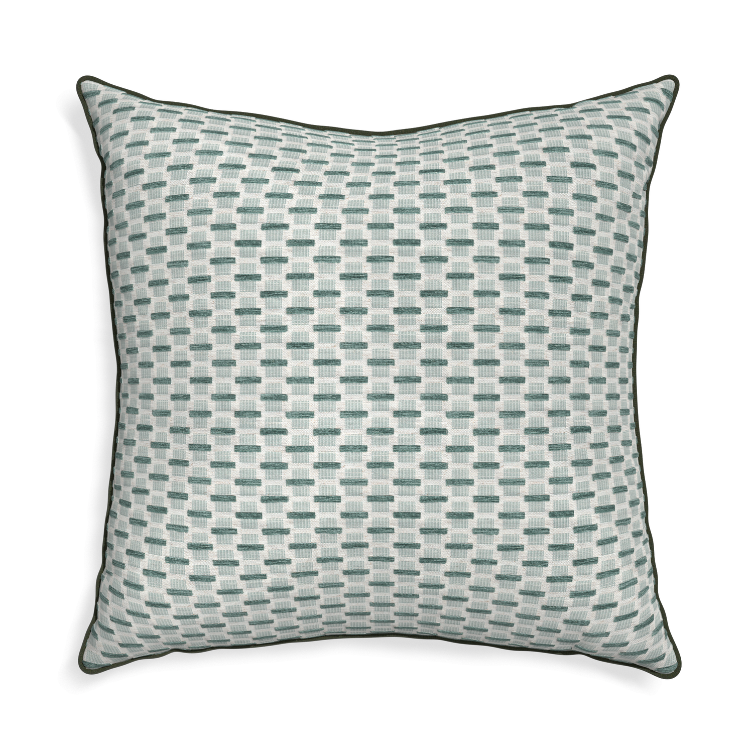 Euro-sham willow mint custom green geometric chenillepillow with f piping on white background