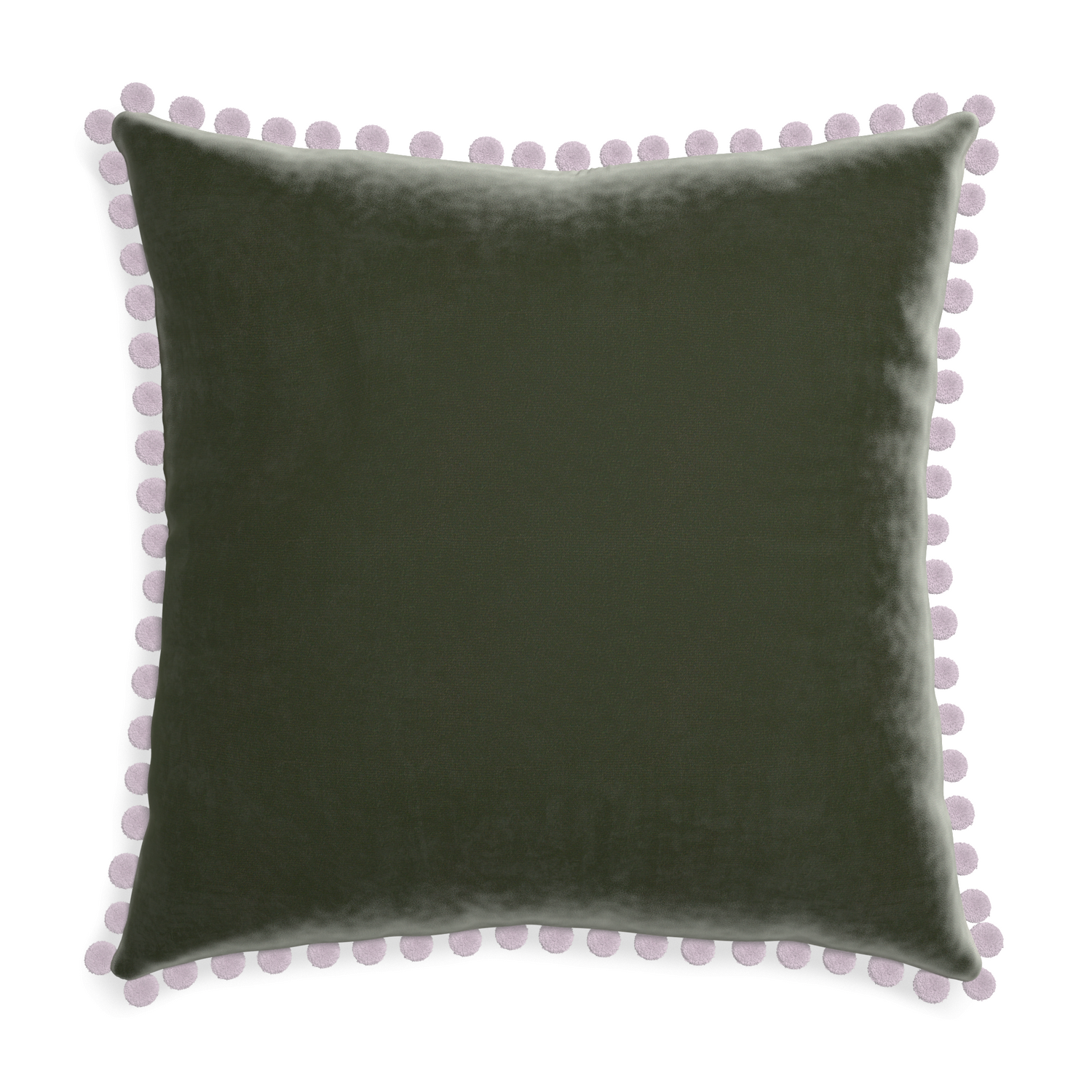 square fern green velvet pillow with lilac pom poms