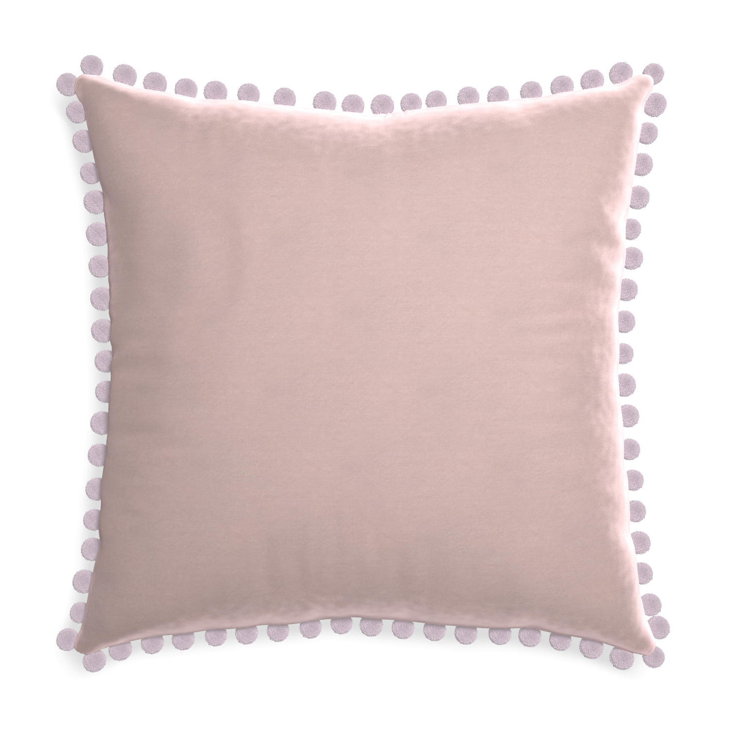 square light pink velvet pillow with lilac pom poms