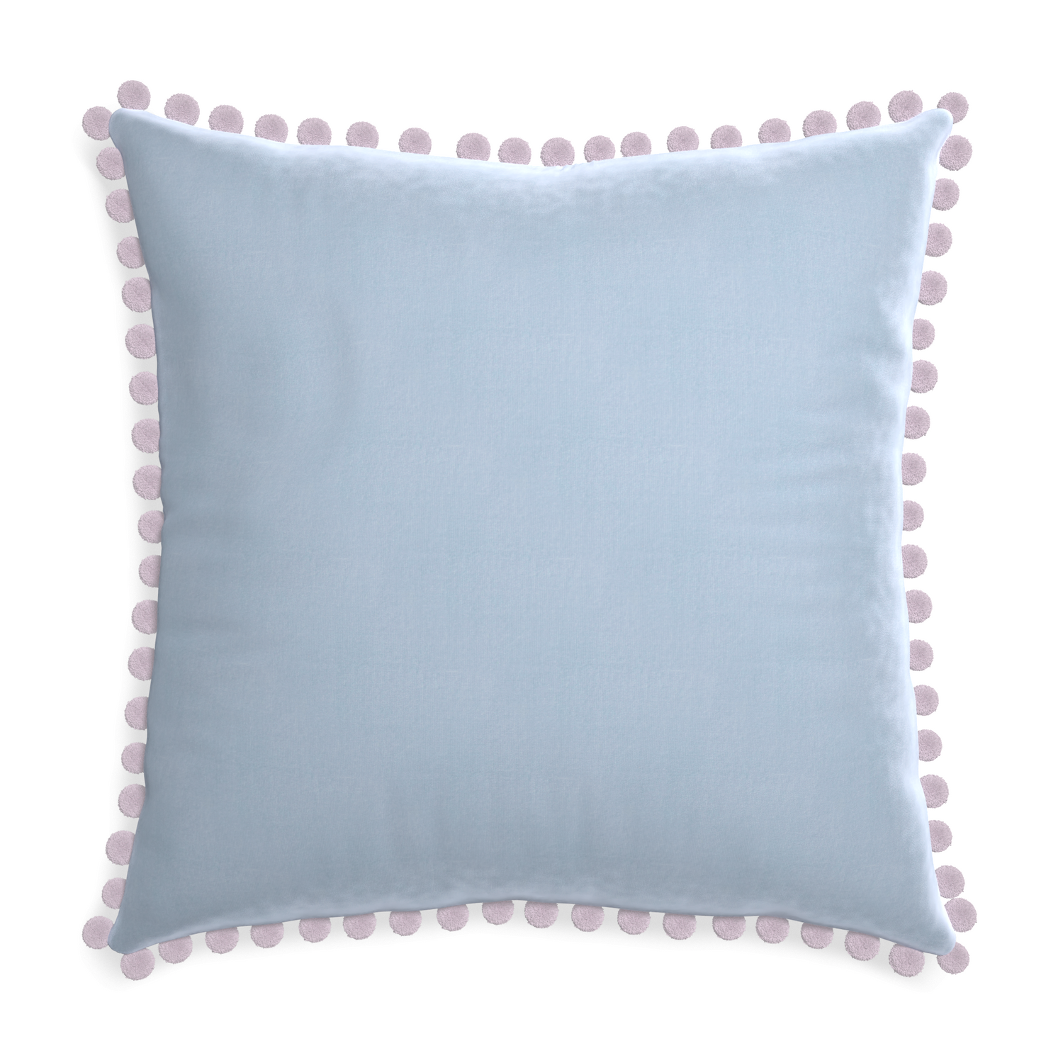 square light blue velvet pillow with lilac pom pom 